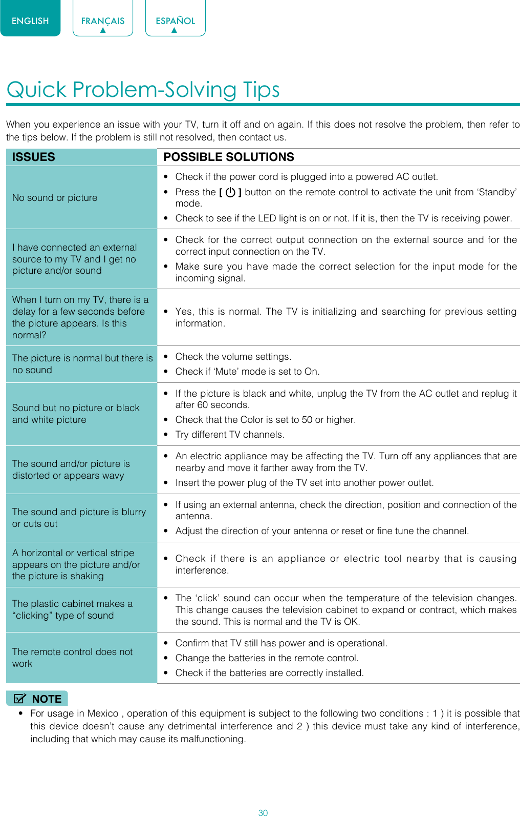 30ENGLISH FRANÇAIS ESPAÑOLQuick Problem-Solving Tips When you experience an issue with your TV, turn it off and on again. If this does not resolve the problem, then refer to the tips below. If the problem is still not resolved, then contact us. ISSUES POSSIBLE SOLUTIONSNo sound or picture• Check if the power cord is plugged into a powered AC outlet.• Press the [   ] button on the remote control to activate the unit from ‘Standby’ mode.• Check to see if the LED light is on or not. If it is, then the TV is receiving power.I have connected an external source to my TV and I get no picture and/or sound• Check for the correct output connection on the external source and for the correct input connection on the TV.• Make sure you have made the correct selection for the input mode for the incoming signal.When I turn on my TV, there is a delay for a few seconds before the picture appears. Is this normal?• Yes, this is normal. The TV is initializing and searching for previous setting information.The picture is normal but there is no sound• Check the volume settings.• Check if ‘Mute’ mode is set to On.Sound but no picture or black and white picture• If the picture is black and white, unplug the TV from the AC outlet and replug it after 60 seconds.• Check that the Color is set to 50 or higher. • Try different TV channels.The sound and/or picture is distorted or appears wavy• An electric appliance may be affecting the TV. Turn off any appliances that are nearby and move it farther away from the TV.• Insert the power plug of the TV set into another power outlet.The sound and picture is blurry or cuts out• If using an external antenna, check the direction, position and connection of the antenna.• Adjust the direction of your antenna or reset or fine tune the channel.A horizontal or vertical stripe appears on the picture and/or the picture is shaking• Check if there is an appliance or electric tool nearby that is causing interference.The plastic cabinet makes a “clicking” type of sound• The ‘click’ sound can occur when the temperature of the television changes. This change causes the television cabinet to expand or contract, which makes the sound. This is normal and the TV is OK.The remote control does not work• Confirm that TV still has power and is operational.• Change the batteries in the remote control.• Check if the batteries are correctly installed.NOTE• For usage in Mexico , operation of this equipment is subject to the following two conditions : 1 ) it is possible that this device doesn’t cause any detrimental interference and 2 ) this device must take any kind of interference, including that which may cause its malfunctioning.