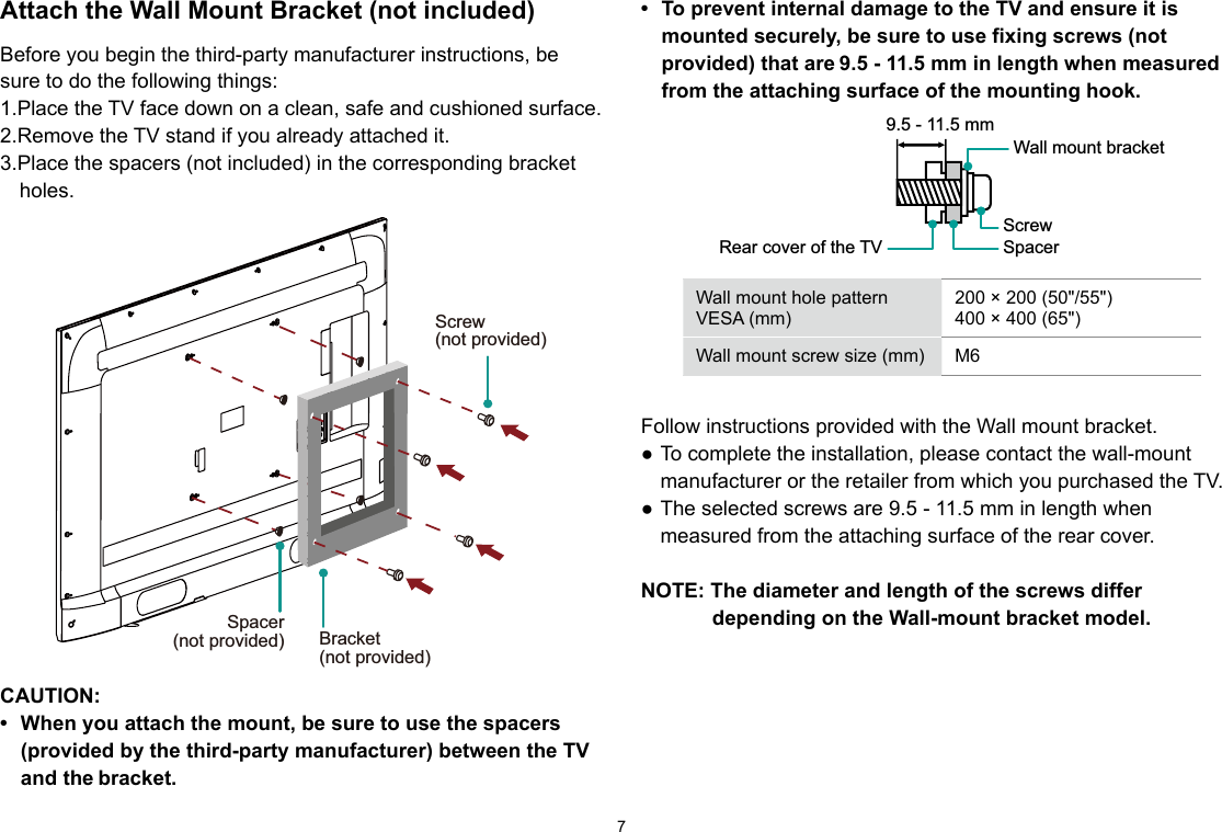 7Attach the Wall Mount Bracket (not included)Before you begin the third-party manufacturer instructions, be sure to do the following things:1.Place the TV face down on a clean, safe and cushioned surface. 2.Remove the TV stand if you already attached it.3.Place the spacers (not included) in the corresponding bracket holes. CAUTION:• Whenyouattachthemount,besuretousethespacers(provided by the third-party manufacturer) between the TV and the bracket.Screw (not provided)Bracket (not provided)Spacer(not provided)• TopreventinternaldamagetotheTVandensureitismountedsecurely,besuretousefixingscrews(notprovided) that are 9.5 - 11.5 mm in length when measured from the attaching surface of the mounting hook.Wall mount hole pattern VESA (mm)200 × 200 (50&quot;/55&quot;)400 × 400 (65&quot;)Wall mount screw size (mm) M6 Follow instructions provided with the Wall mount bracket.● To complete the installation, please contact the wall-mount manufacturer or the retailer from which you purchased the TV. ● The selected screws are 9.5 - 11.5 mm in length when measured from the attaching surface of the rear cover. NOTE: The diameter and length of the screws differ depending on the Wall-mount bracket model.Rear cover of the TV SpacerScrewWall mount bracket9.5 - 11.5 mm