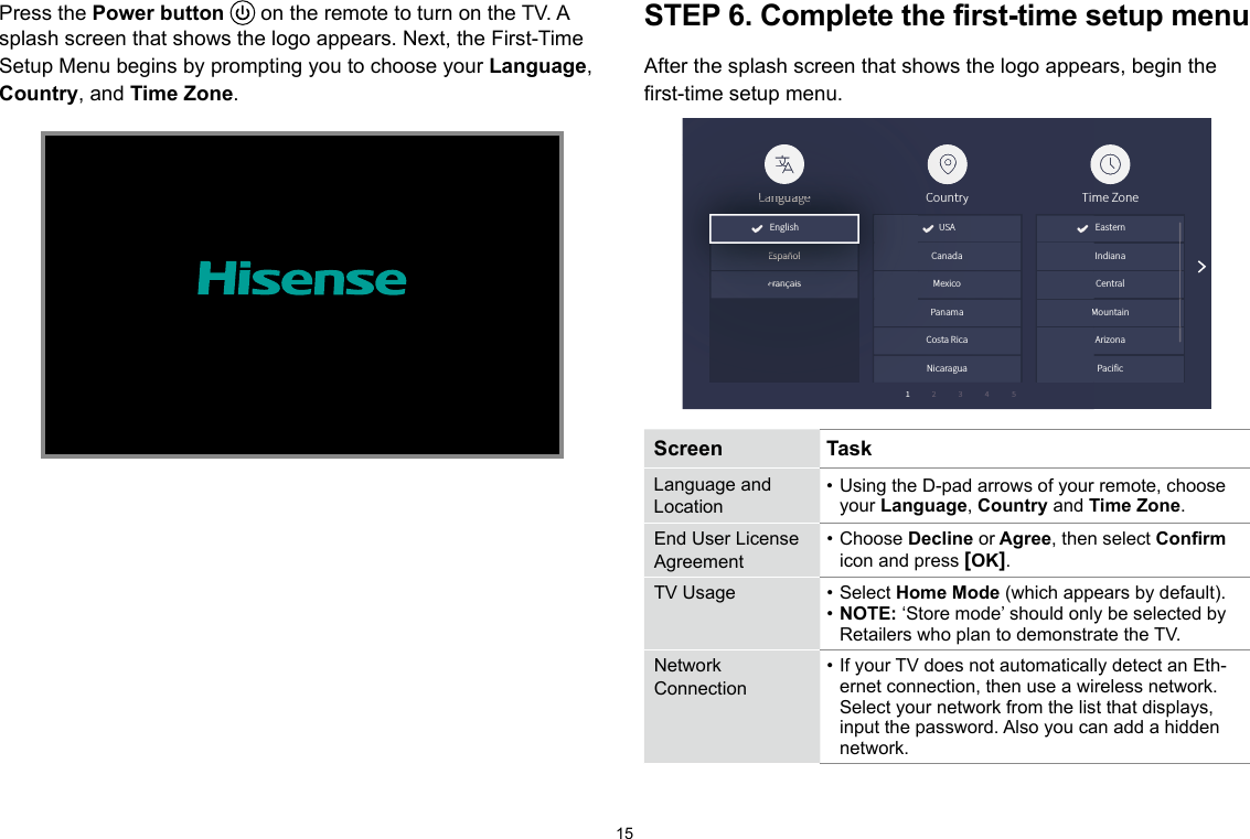 15Press the Power button   on the remote to turn on the TV. A splash screen that shows the logo appears. Next, the First-Time Setup Menu begins by prompting you to choose your Language, Country, and Time Zone.STEP 6. Complete the first-time setup menuAfter the splash screen that shows the logo appears, begin the first-time setup menu.Screen  TaskLanguage and Location• Using the D-pad arrows of your remote, choose your Language, Country and Time Zone. End User License Agreement• Choose Decline or Agree, then select Conrmicon and press [OK].TV Usage • Select Home Mode (which appears by default). • NOTE: ‘Store mode’ should only be selected by Retailers who plan to demonstrate the TV.Network Connection• If your TV does not automatically detect an Eth-ernet connection, then use a wireless network. Select your network from the list that displays, input the password. Also you can add a hidden network. 1Time ZonePacificArizonaMountainCentralIndianaEasternCountryMexicoPanamaCosta RicaNicaraguaUSALanguageFrançaisEspañol12345TimMCountryMexicoPanamaCosta RicaNicaraguauauaUSALLaaLaLaLaLaangngngngngngggauauauauauauageggegegegegegFraFrFraançançançaisisisEEspEspEspEsppñañoañoañoañolllllEnglishCanada