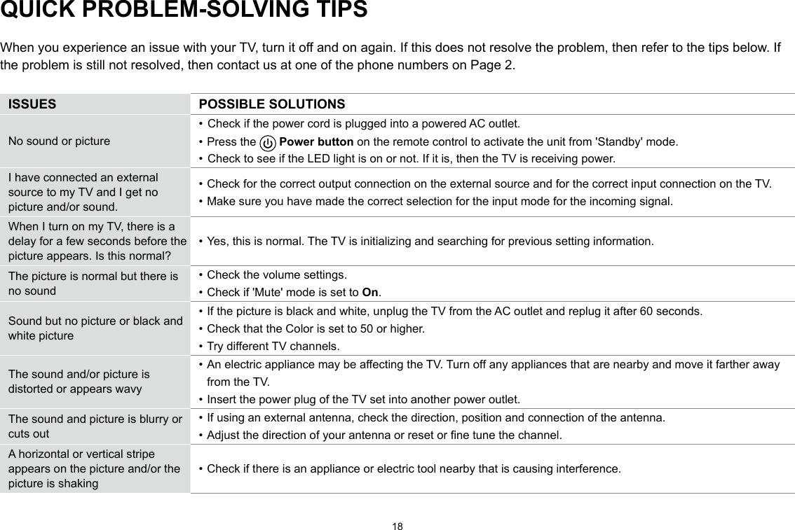 18QUICK PROBLEM-SOLVING TIPSWhen you experience an issue with your TV, turn it off and on again. If this does not resolve the problem, then refer to the tips below. Ifthe problem is still not resolved, then contact us at one of the phone numbers on Page 2.ISSUES POSSIBLE SOLUTIONSNo sound or picture•  Check if the power cord is plugged into a powered AC outlet.• Press the   Power button on the remote control to activate the unit from &apos;Standby&apos; mode.•  Check to see if the LED light is on or not. If it is, then the TV is receiving power.I have connected an external source to my TV and I get no picture and/or sound.• Check for the correct output connection on the external source and for the correct input connection on the TV.• Make sure you have made the correct selection for the input mode for the incoming signal.When I turn on my TV, there is a delay for a few seconds before the picture appears. Is this normal?• Yes, this is normal. The TV is initializing and searching for previous setting information.The picture is normal but there is no sound• Check the volume settings.• Check if &apos;Mute&apos; mode is set to On.Sound but no picture or black and white picture• If the picture is black and white, unplug the TV from the AC outlet and replug it after 60 seconds.• Check that the Color is set to 50 or higher. • Try different TV channels.The sound and/or picture is distorted or appears wavy• An electric appliance may be affecting the TV. Turn off any appliances that are nearby and move it farther away from the TV.• Insert the power plug of the TV set into another power outlet.The sound and picture is blurry or cuts out• If using an external antenna, check the direction, position and connection of the antenna.• Adjust the direction of your antenna or reset or ne tune the channel.A horizontal or vertical stripe appears on the picture and/or the picture is shaking• Check if there is an appliance or electric tool nearby that is causing interference.