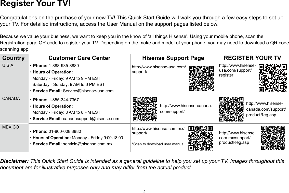 2Register Your TV!Congratulations on the purchase of your new TV! This Quick Start Guide will walk you through a few easy steps to set up your TV. For detailed instructions, access the User Manual on the support pages listed below. Because we value your business, we want to keep you in the know of &apos;all things Hisense&apos;. Using your mobile phone, scan the Registration page QR code to register your TV. Depending on the make and model of your phone, you may need to download a QR code scanning app.Country  Customer Care Center Hisense Support Page REGISTER YOUR TVU.S.A • Phone: 1-888-935-8880• Hours of Operation:  Monday - Friday: 9 AM to 9 PM EST  Saturday - Sunday: 9 AM to 6 PM EST• Service Email: Service@hisense-usa.comhttp://www.hisense-usa.com/support/http://www.hisense-usa.com/support/registerCANADA • Phone: 1-855-344-7367• Hours of Operation:  Monday - Friday: 8 AM to 8 PM EST• Service Email: canadasupport@hisense.com  http://www.hisense-canada.  com/support/ http://www.hisense- canada.com/support/ productReg.aspMEXICO• Phone: 01-800-008 8880• Hours of Operation: Monday - Friday 9:00-18:00• Service Email: servicio@hisense.com.mxhttp://www.hisense.com.mx/support/*Scan to download user manualhttp://www.hisense.com.mx/support/productReg.aspDisclaimer: This Quick Start Guide is intended as a general guideline to help you set up your TV. Images throughout this document are for illustrative purposes only and may differ from the actual product.