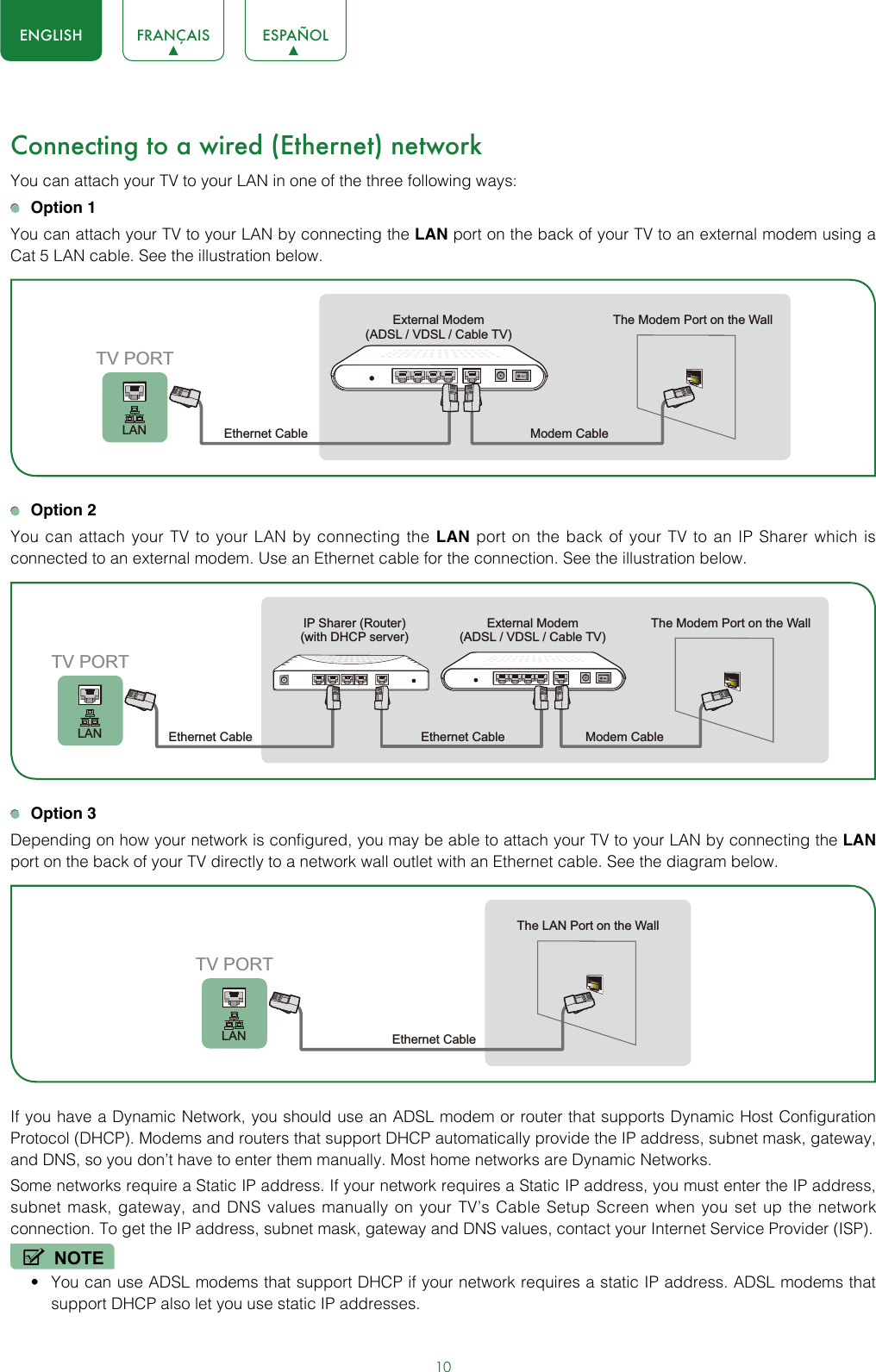 10ENGLISH FRANÇAIS ESPAÑOLConnecting to a wired (Ethernet) networkYou can attach your TV to your LAN in one of the three following ways: Option 1You can attach your TV to your LAN by connecting the LAN port on the back of your TV to an external modem using a Cat 5 LAN cable. See the illustration below.  Option 2You can attach your TV to your LAN by connecting the LAN port on the back of your TV to an IP Sharer which is connected to an external modem. Use an Ethernet cable for the connection. See the illustration below. Option 3Depending on how your network is configured, you may be able to attach your TV to your LAN by connecting the LAN port on the back of your TV directly to a network wall outlet with an Ethernet cable. See the diagram below. If you have a Dynamic Network, you should use an ADSL modem or router that supports Dynamic Host Configuration Protocol (DHCP). Modems and routers that support DHCP automatically provide the IP address, subnet mask, gateway, and DNS, so you don’t have to enter them manually. Most home networks are Dynamic Networks.Some networks require a Static IP address. If your network requires a Static IP address, you must enter the IP address, subnet mask, gateway, and DNS values manually on your TV’s Cable Setup Screen when you set up the network connection. To get the IP address, subnet mask, gateway and DNS values, contact your Internet Service Provider (ISP).NOTE• You can use ADSL modems that support DHCP if your network requires a static IP address. ADSL modems that support DHCP also let you use static IP addresses.External Modem(ADSL / VDSL / Cable TV) The Modem Port on the WallEthernet Cable  Modem Cable LANTV PORTExternal Modem(ADSL / VDSL / Cable TV) The Modem Port on the WallModem Cable IP Sharer (Router)(with DHCP server) Ethernet CableEthernet Cable LANTV PORTThe LAN Port on the WallEthernet Cable LANTV PORT