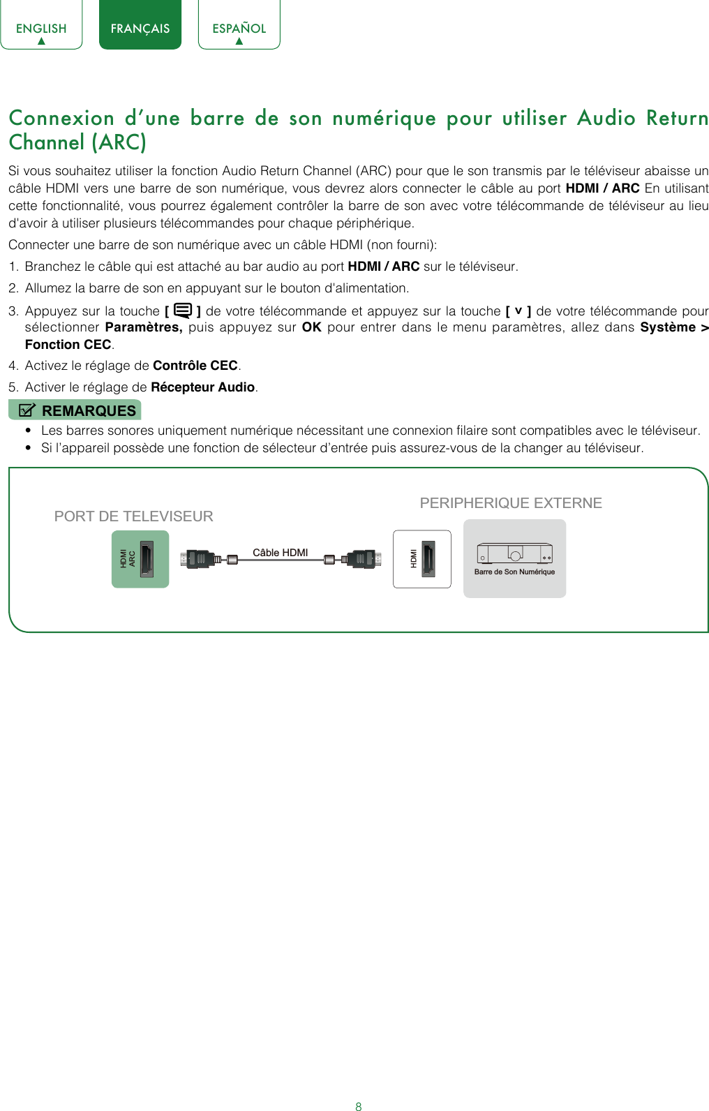 8ENGLISH FRANÇAIS ESPAÑOLConnexion d’une barre de son numérique pour utiliser Audio Return Channel (ARC)Si vous souhaitez utiliser la fonction Audio Return Channel (ARC) pour que le son transmis par le téléviseur abaisse un câble HDMI vers une barre de son numérique, vous devrez alors connecter le câble au port HDMI / ARC En utilisant cette fonctionnalité, vous pourrez également contrôler la barre de son avec votre télécommande de téléviseur au lieu d&apos;avoir à utiliser plusieurs télécommandes pour chaque périphérique.Connecter une barre de son numérique avec un câble HDMI (non fourni):1.  Branchez le câble qui est attaché au bar audio au port HDMI / ARC sur le téléviseur.2.  Allumez la barre de son en appuyant sur le bouton d&apos;alimentation.3.  Appuyez sur la touche [   ] de votre télécommande et appuyez sur la touche [ ˅ ] de votre télécommande pour sélectionner Paramètres, puis appuyez sur OK pour entrer dans le menu paramètres, allez dans Système &gt; Fonction CEC.4.  Activez le réglage de Contrôle CEC.5.  Activer le réglage de Récepteur Audio.REMARQUES• Les barres sonores uniquement numérique nécessitant une connexion filaire sont compatibles avec le téléviseur.• Si l’appareil possède une fonction de sélecteur d’entrée puis assurez-vous de la changer au téléviseur.HDMIARCHDMIPERIPHERIQUE EXTERNEPORT DE TELEVISEURCâble HDMIBarre de Son Numérique