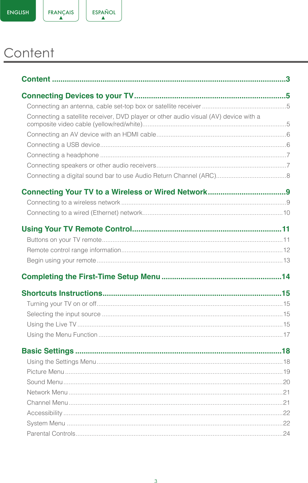 3ENGLISH FRANÇAIS ESPAÑOLContent Content ...............................................................................................................3Connecting Devices to your TV ........................................................................5Connecting an antenna, cable set-top box or satellite receiver ................................................5Connecting a satellite receiver, DVD player or other audio visual (AV) device with a composite video cable (yellow/red/white)..................................................................................5Connecting an AV device with an HDMI cable .......................................................................... 6Connecting a USB device .......................................................................................................... 6Connecting a headphone ..........................................................................................................7Connecting speakers or other audio receivers .......................................................................... 7Connecting a digital sound bar to use Audio Return Channel (ARC)........................................8Connecting Your TV to a Wireless or Wired Network .....................................9Connecting to a wireless network ..............................................................................................9Connecting to a wired (Ethernet) network................................................................................10Using Your TV Remote Control .......................................................................11Buttons on your TV remote ....................................................................................................... 11Remote control range information ............................................................................................ 12Begin using your remote ..........................................................................................................13Completing the First-Time Setup Menu .........................................................14Shortcuts Instructions .....................................................................................15Turning your TV on or off .......................................................................................................... 15Selecting the input source .......................................................................................................15Using the Live TV .....................................................................................................................15Using the Menu Function .........................................................................................................17Basic Settings ..................................................................................................18Using the Settings Menu ..........................................................................................................18Picture Menu ............................................................................................................................19Sound Menu .............................................................................................................................20Network Menu ..........................................................................................................................21Channel Menu ..........................................................................................................................21Accessibility .............................................................................................................................22System Menu ...........................................................................................................................22Parental Controls ...................................................................................................................... 24