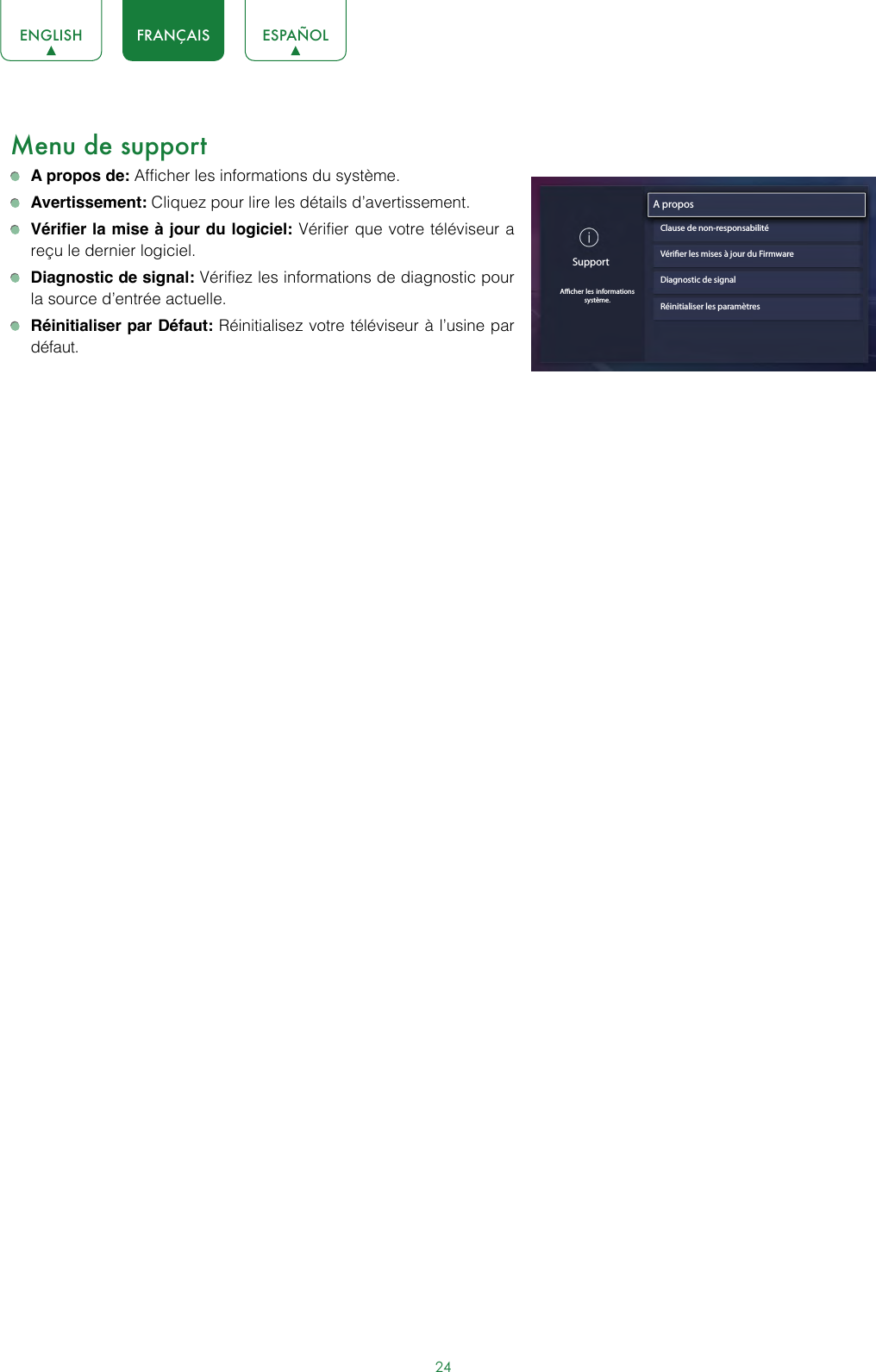 24ENGLISH FRANÇAIS ESPAÑOLMenu de support A propos de: Afficher les informations du système. Avertissement: Cliquez pour lire les détails d’avertissement. Vérifier la mise à jour du logiciel: Vérifier que votre téléviseur a reçu le dernier logiciel. Diagnostic de signal: Vérifiez les informations de diagnostic pour la source d’entrée actuelle. Réinitialiser par Défaut: Réinitialisez votre téléviseur à l’usine par défaut.SupportAcher les informations système.A propos                              Clause de non-responsabilitéVérier les mises à jour du FirmwareDiagnostic de signalRéinitialiser les paramètres