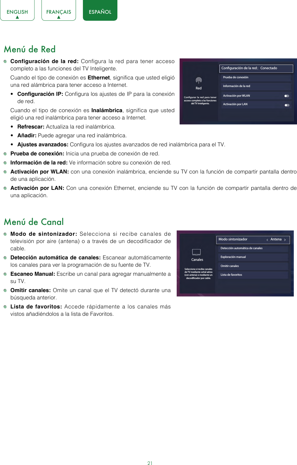 21ENGLISH FRANÇAIS ESPAÑOLMenú de Red Configuración de la red: Configura la red para tener acceso completo a las funciones del TV Inteligente.  Cuando el tipo de conexión es Ethernet, significa que usted eligió una red alámbrica para tener acceso a Internet.• Configuración IP: Configura los ajustes de IP para la conexión de red.   Cuando el tipo de conexión es Inalámbrica, significa que usted eligió una red inalámbrica para tener acceso a Internet.• Refrescar: Actualiza la red inalámbrica.• Añadir: Puede agregar una red inalámbrica.• Ajustes avanzados: Configura los ajustes avanzados de red inalámbrica para el TV. Prueba de conexión: Inicia una prueba de conexión de red. Información de la red: Ve información sobre su conexión de red.  Activación por WLAN: con una conexión inalámbrica, enciende su TV con la función de compartir pantalla dentro de una aplicación. Activación por LAN: Con una conexión Ethernet, enciende su TV con la función de compartir pantalla dentro de una aplicación.Menú de Canal Modo de sintonizador: Selecciona si recibe canales de televisión por aire (antena) o a través de un decodificador de cable. Detección automática de canales: Escanear automáticamente los canales para ver la programación de su fuente de TV. Escaneo Manual: Escribe un canal para agregar manualmente a su TV. Omitir canales: Omite un canal que el TV detectó durante una búsqueda anterior. Lista de favoritos: Accede rápidamente a los canales más vistos añadiéndolos a la lista de Favoritos.Información de la redActivación por WLANActivación por LANConguración de la red：ConectadoPrueba de conexiónRedConfigurar la red para tener acceso completo a las funciones del TV Inteligente.CanalesSeleccione si recibe canales de TV mediante señal aérea (con antena) o mediante un decodicador por cable.Modo sintonizador                              AntenaDetección automática de canalesExploración manualOmitir canalesLista de favoritos