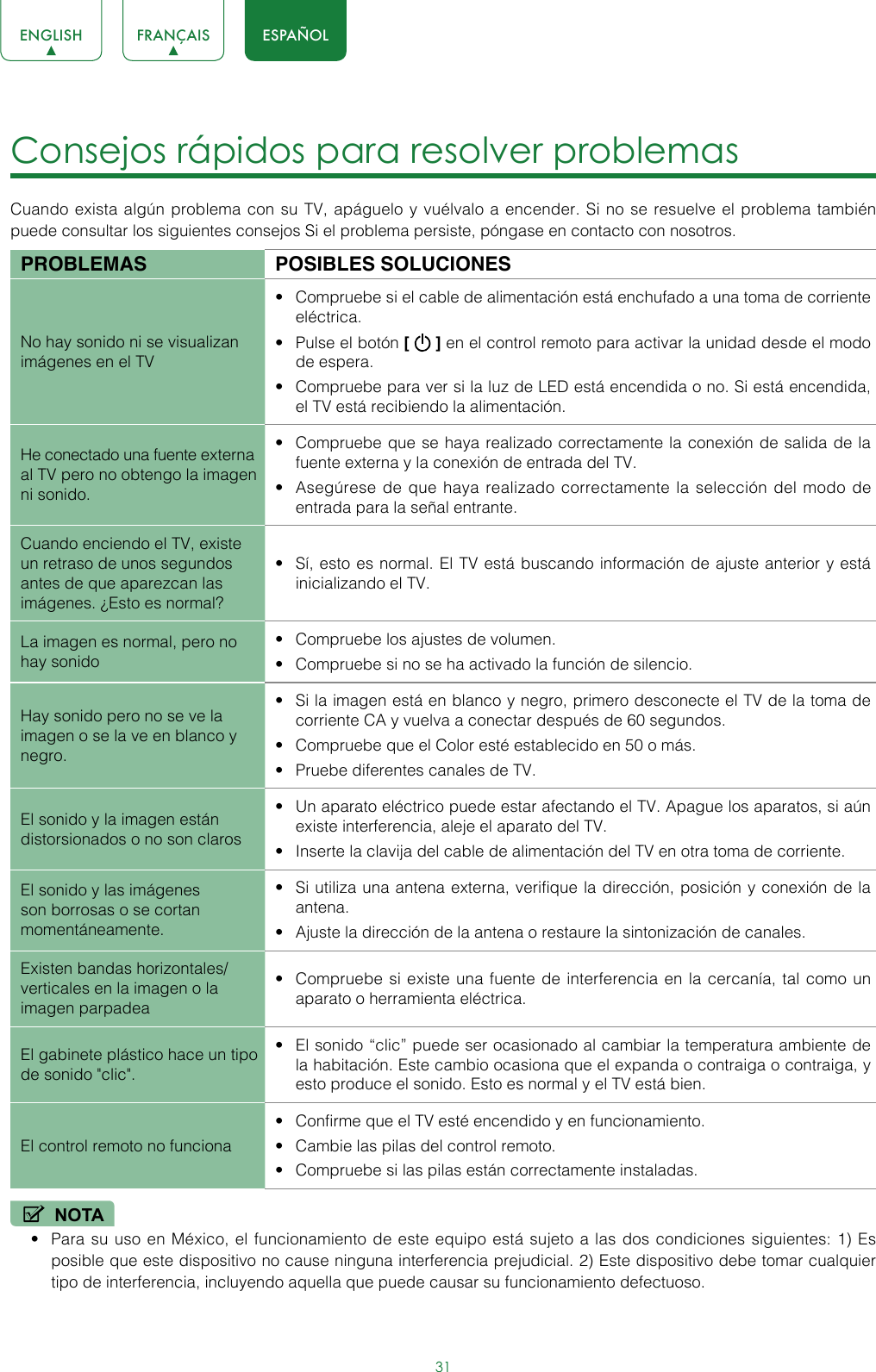 31ENGLISH FRANÇAIS ESPAÑOLConsejos rápidos para resolver problemas Cuando exista algún problema con su TV, apáguelo y vuélvalo a encender. Si no se resuelve el problema también puede consultar los siguientes consejos Si el problema persiste, póngase en contacto con nosotros. PROBLEMAS POSIBLES SOLUCIONESNo hay sonido ni se visualizan imágenes en el TV • Compruebe si el cable de alimentación está enchufado a una toma de corriente eléctrica.• Pulse el botón [   ] en el control remoto para activar la unidad desde el modo de espera.• Compruebe para ver si la luz de LED está encendida o no. Si está encendida, el TV está recibiendo la alimentación.He conectado una fuente externa al TV pero no obtengo la imagen ni sonido.• Compruebe que se haya realizado correctamente la conexión de salida de la fuente externa y la conexión de entrada del TV. • Asegúrese de que haya realizado correctamente la selección del modo de entrada para la señal entrante.Cuando enciendo el TV, existe un retraso de unos segundos antes de que aparezcan las imágenes. ¿Esto es normal? • Sí, esto es normal. El TV está buscando información de ajuste anterior y está inicializando el TV.La imagen es normal, pero no hay sonido• Compruebe los ajustes de volumen.• Compruebe si no se ha activado la función de silencio.Hay sonido pero no se ve la imagen o se la ve en blanco y negro.• Si la imagen está en blanco y negro, primero desconecte el TV de la toma de corriente CA y vuelva a conectar después de 60 segundos.• Compruebe que el Color esté establecido en 50 o más. • Pruebe diferentes canales de TV.El sonido y la imagen están distorsionados o no son claros • Un aparato eléctrico puede estar afectando el TV. Apague los aparatos, si aún existe interferencia, aleje el aparato del TV. • Inserte la clavija del cable de alimentación del TV en otra toma de corriente.El sonido y las imágenes son borrosas o se cortan momentáneamente.• Si utiliza una antena externa, verifique la dirección, posición y conexión de la antena. • Ajuste la dirección de la antena o restaure la sintonización de canales. Existen bandas horizontales/ verticales en la imagen o la imagen parpadea• Compruebe si existe una fuente de interferencia en la cercanía, tal como un aparato o herramienta eléctrica.El gabinete plástico hace un tipo de sonido &quot;clic&quot;.• El sonido “clic” puede ser ocasionado al cambiar la temperatura ambiente de la habitación. Este cambio ocasiona que el expanda o contraiga o contraiga, y esto produce el sonido. Esto es normal y el TV está bien.El control remoto no funciona• Confirme que el TV esté encendido y en funcionamiento. • Cambie las pilas del control remoto.• Compruebe si las pilas están correctamente instaladas.NOTA• Para su uso en México, el funcionamiento de este equipo está sujeto a las dos condiciones siguientes: 1) Es posible que este dispositivo no cause ninguna interferencia prejudicial. 2) Este dispositivo debe tomar cualquier tipo de interferencia, incluyendo aquella que puede causar su funcionamiento defectuoso.