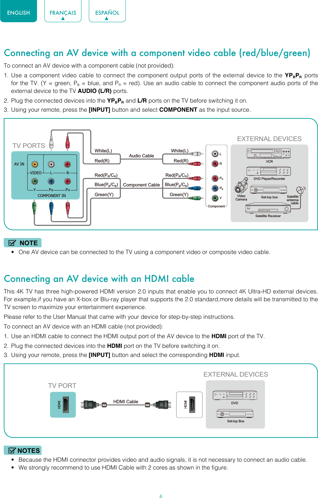 6ENGLISH FRANÇAIS ESPAÑOLConnecting an AV device with a component video cable (red/blue/green) To connect an AV device with a component cable (not provided):1.  Use a component video cable to connect the component output ports of the external device to the YPBPR  ports for the TV. (Y = green, PB = blue, and PR = red). Use an audio cable to connect the component audio ports of the external device to the TV AUDIO (L/R) ports. 2.  Plug the connected devices into the YPBPR  and L/R ports on the TV before switching it on.3.  Using your remote, press the [INPUT] button and select COMPONENT as the input source.NOTE• One AV device can be connected to the TV using a component video or composite video cable.Connecting an AV device with an HDMI cableThis 4K TV has three high-powered HDMI version 2.0 inputs that enable you to connect 4K Ultra-HD external devices. For example,if you have an X-box or Blu-ray player that supports the 2.0 standard,more details will be transmitted to the TV screen to maximize your entertainment experience.Please refer to the User Manual that came with your device for step-by-step instructions.To connect an AV device with an HDMI cable (not provided):1.  Use an HDMI cable to connect the HDMI output port of the AV device to the HDMI port of the TV.2.  Plug the connected devices into the HDMI port on the TV before switching it on.3.  Using your remote, press the [INPUT] button and select the corresponding HDMI input. NOTES• Because the HDMI connector provides video and audio signals, it is not necessary to connect an audio cable.• We strongly recommend to use HDMI Cable with 2 cores as shown in the figure.EXTERNAL DEVICESDVD Player/RecorderVideo Camera Set-top boxSatellite ReceiverSatellite antenna cableVCRWhite(L) White(L)Red(R) Red(R)Audio Cable Component Cable ComponentRLPRPBYRed(PR/CR)Red(PR/CR)Blue(PB/CB)Blue(PB/CB)Green(Y) Green(Y)TV PORTSAV INCOMPONENT INVIDEO LYPBPRRHDMIHDMIEXTERNAL DEVICESDVDSet-top BoxTV PORTHDMI Cable 