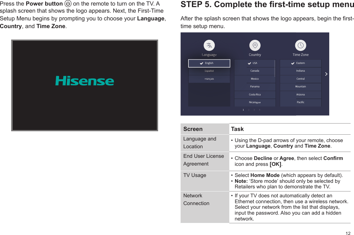 12Press the Power button   on the remote to turn on the TV. A splash screen that shows the logo appears. Next, the First-Time Setup Menu begins by prompting you to choose your Language, Country, and Time Zone.STEP 5. Complete the rst-time setup menuAfter the splash screen that shows the logo appears, begin the rst-time setup menu.1Time ZonePacificArizonaMountainCentralIndianaEasternCountryMexicoPanamaCosta RicaNicaraguaUSALanguageFrançaisEspañol1234TimMCountryMexicoPanamaCosta RicaNicaraguauauaUSALLaaLaLaLaLaangngngngngngggauauauauauauageggegegegegegFraFrFraançançançaisisisEEspEspEspEsppñañoañoañoañolllllEnglishCanadaScreen  TaskLanguage and Location• Using the D-pad arrows of your remote, choose your Language, Country and Time Zone. End User License Agreement• Choose Decline or Agree, then select Conrm icon and press [OK].TV Usage • Select Home Mode (which appears by default). • Note: ‘Store mode’ should only be selected by Retailers who plan to demonstrate the TV.Network Connection• If your TV does not automatically detect an Ethernet connection, then use a wireless network.Select your network from the list that displays, input the password. Also you can add a hidden network. 