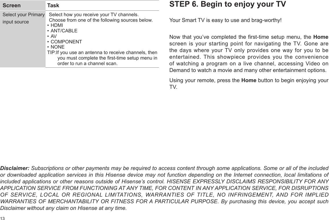 13STEP 6. Begin to enjoy your TVYour Smart TV is easy to use and brag-worthy!Now that you’ve completed the first-time setup menu, the Home screen is your starting point for navigating the TV. Gone are the days where your TV only provides one way for you to be entertained. This showpiece provides you the convenience of watching a program on a live channel, accessing Video on Demand to watch a movie and many other entertainment options.Using your remote, press the Home button to begin enjoying your TV.Disclaimer: Subscriptions or other payments may be required to access content through some applications. Some or all of the included or downloaded application services in this Hisense device may not function depending on the Internet connection, local limitations of included applications or other reasons outside of Hisense’s control. HISENSE EXPRESSLY DISCLAIMS RESPONSIBILITY FOR ANY APPLICATION SERVICE FROM FUNCTIONING AT ANY TIME, FOR CONTENT IN ANY APPLICATION SERVICE, FOR DISRUPTIONS OF SERVICE, LOCAL OR REGIONAL LIMITATIONS, WARRANTIES OF TITLE, NO INFRINGEMENT, AND FOR IMPLIED WARRANTIES OF MERCHANTABILITY OR FITNESS FOR A PARTICULAR PURPOSE. By purchasing this device, you accept such Disclaimer without any claim on Hisense at any time.Screen  TaskSelect your Primary input sourceSelect how you receive your TV channels. Choose from one of the following sources below.• HDMI• ANT/CABLE• AV• COMPONENT• NONETIP:If you use an antenna to receive channels, then you must complete the rst-time setup menu in order to run a channel scan.