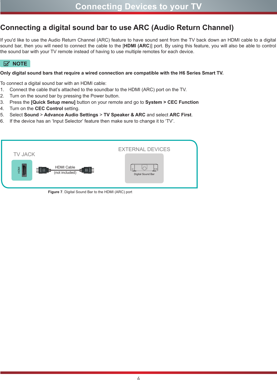 6Connecting Devices to your TVConnecting a digital sound bar to use ARC (Audio Return Channel)If you&apos;d like to use the Audio Return Channel (ARC) feature to have sound sent from the TV back down an HDMI cable to a digital sound bar, then you will need to connect the cable to the [HDMI (ARC)] port. By using this feature, you will also be able to control the sound bar with your TV remote instead of having to use multiple remotes for each device. Only digital sound bars that require a wired connection are compatible with the H6 Series Smart TV.To connect a digital sound bar with an HDMI cable:1.  Connect the cable that’s attached to the soundbar to the HDMI (ARC) port on the TV.2.  Turn on the sound bar by pressing the Power button.3.  Press the [Quick Setup menu] button on your remote and go to System &gt; CEC Function4.  Turn on the CEC Control setting.5.  Select Sound &gt; Advance Audio Settings &gt; TV Speaker &amp; ARC and select ARC First.6.  If the device has an ‘Input Selector’ feature then make sure to change it to ‘TV’.EXTERNAL DEVICESDigital Sound BarHDMIFigure 7. Digital Sound Bar to the HDMI (ARC) port TV JACKHDMI Cable (not included)NOTE