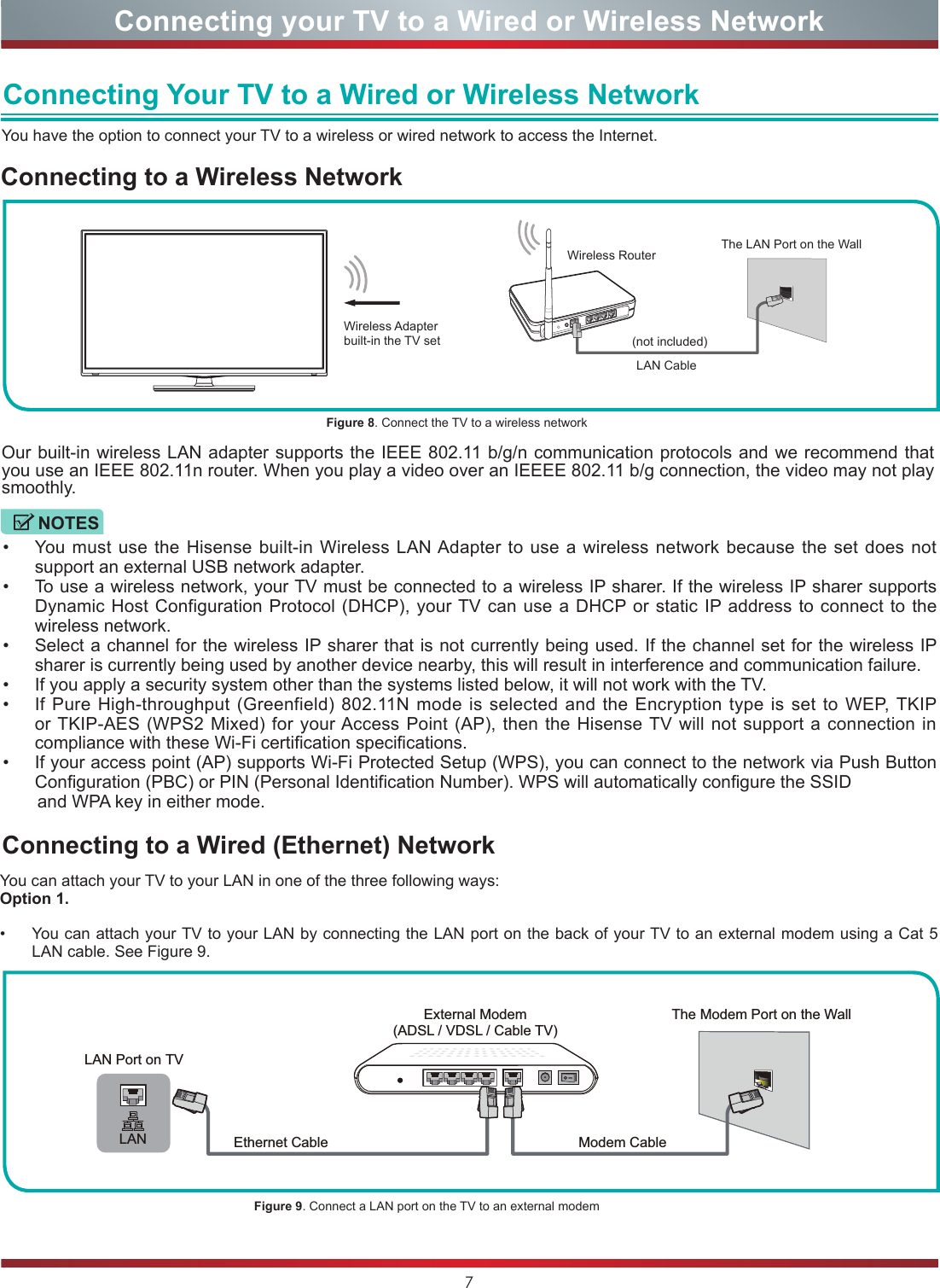 7Connecting your TV to a Wired or Wireless NetworkWireless Adapter built-in the TV setLAN CableWireless Router The LAN Port on the WallConnecting Your TV to a Wired or Wireless NetworkConnecting to a Wired (Ethernet) NetworkYou have the option to connect your TV to a wireless or wired network to access the Internet. You can attach your TV to your LAN in one of the three following ways:Option 1.•  You can attach your TV to your LAN by connecting the LAN port on the back of your TV to an external modem using a Cat 5 LAN cable. See Figure 9.Our built-in wireless LAN adapter supports the IEEE 802.11 b/g/n communication protocols and we recommend that you use an IEEE 802.11n router. When you play a video over an IEEEE 802.11 b/g connection, the video may not play smoothly.•  You must use the Hisense built-in Wireless LAN Adapter to use a wireless network because the set does not support an external USB network adapter.•  To use a wireless network, your TV must be connected to a wireless IP sharer. If the wireless IP sharer supports Dynamic Host Configuration Protocol (DHCP), your TV can use a DHCP or static IP address to connect to the wireless network.•  Select a channel for the wireless IP sharer that is not currently being used. If the channel set for the wireless IP sharer is currently being used by another device nearby, this will result in interference and communication failure.•  If you apply a security system other than the systems listed below, it will not work with the TV.•  If Pure High-throughput (Greenfield) 802.11N mode is selected and the Encryption type is set to WEP, TKIP or TKIP-AES (WPS2 Mixed) for your Access Point (AP), then the Hisense TV will not support a connection in compliance with these Wi-Fi certification specifications.•  If your access point (AP) supports Wi-Fi Protected Setup (WPS), you can connect to the network via Push Button Configuration (PBC) or PIN (Personal Identification Number). WPS will automatically configure the SSID        and WPA key in either mode.Figure 8. Connect the TV to a wireless networkFigure 9. Connect a LAN port on the TV to an external modemConnecting to a Wireless Network(not included)NOTESExternal Modem(ADSL / VDSL / Cable TV) The Modem Port on the WallLAN Port on TVEthernet Cable  Modem Cable LAN