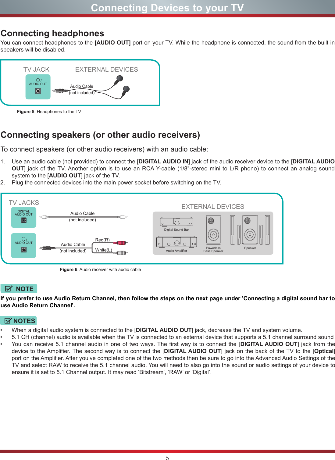 5Connecting Devices to your TV       /AUDIO OUTEXTERNAL DEVICESEXTERNAL DEVICESPowerless Bass SpeakerSpeakerAudio AmplierDigital Sound BarDIGITALAUDIO OUT       /AUDIO OUTConnecting speakers (or other audio receivers)To connect speakers (or other audio receivers) with an audio cable:Connecting headphones 1.  Use an audio cable (not provided) to connect the [DIGITAL AUDIO IN] jack of the audio receiver device to the [DIGITAL AUDIO OUT] jack of the TV. Another option is to use an RCA Y-cable (1/8”-stereo mini to L/R phono) to connect an analog sound system to the [AUDIO OUT] jack of the TV.2.  Plug the connected devices into the main power socket before switching on the TV.You can connect headphones to the [AUDIO OUT] port on your TV. While the headphone is connected, the sound from the built-in speakers will be disabled.Figure 5. Headphones to the TVFigure 6. Audio receiver with audio cableTV JACKAudio Cable (not included)TV JACKSWhite(L)Red(R)Audio Cable (not included)Audio Cable (not included)If you prefer to use Audio Return Channel, then follow the steps on the next page under &apos;Connecting a digital sound bar to use Audio Return Channel&apos;.NOTE•  When a digital audio system is connected to the [DIGITAL AUDIO OUT] jack, decrease the TV and system volume. •  5.1 CH (channel) audio is available when the TV is connected to an external device that supports a 5.1 channel surround sound •  You can receive 5.1 channel audio in one of two ways. The first way is to connect the [DIGITAL AUDIO OUT] jack from the device to the Amplifier. The second way is to connect the [DIGITAL AUDIO OUT] jack on the back of the TV to the [Optical] port on the Amplifier. After you’ve completed one of the two methods then be sure to go into the Advanced Audio Settings of the TV and select RAW to receive the 5.1 channel audio. You will need to also go into the sound or audio settings of your device to ensure it is set to 5.1 Channel output. It may read ‘Bitstream’, ‘RAW’ or ‘Digital’.NOTES