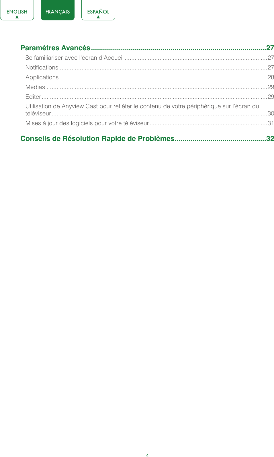 4ENGLISH FRANÇAIS ESPAÑOLParamètres Avancés ........................................................................................27Se familiariser avec l&apos;écran d&apos;Accueil ......................................................................................27Notifications .............................................................................................................................27Applications .............................................................................................................................28Médias .....................................................................................................................................29Editer ........................................................................................................................................29Utilisation de Anyview Cast pour refléter le contenu de votre périphérique sur l&apos;écran du téléviseur ..................................................................................................................................30Mises à jour des logiciels pour votre téléviseur .......................................................................31Conseils de Résolution Rapide de Problèmes ..............................................32