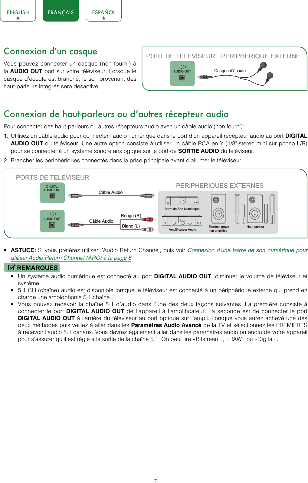 7ENGLISH FRANÇAIS ESPAÑOLConnexion d&apos;un casqueVous pouvez connecter un casque (non fourni) à la AUDIO OUT port sur votre téléviseur. Lorsque le casque d’écoute est branché, le son provenant des haut-parleurs intégrés sera désactivé.Connexion de haut-parleurs ou d’autres récepteur audioPour connecter des haut-parleurs ou autres récepteurs audio avec un câble audio (non fourni):1.  Utilisez un câble audio pour connecter l’audio numérique dans le port d’un appareil récepteur audio au port DIGITAL AUDIO OUT du téléviseur. Une autre option consiste à utiliser un câble RCA en Y (1/8&quot;-stéréo mini sur phono L/R) pour se connecter à un système sonore analogique sur le port de SORTIE AUDIO du téléviseur.2.  Brancher les périphériques connectés dans la prise principale avant d&apos;allumer le téléviseur.• ASTUCE: Si vous préférez utiliser l’Audio Return Channel, puis voir Connexion d’une barre de son numérique pour utiliser Audio Return Channel (ARC) à la page 8.REMARQUES• Un système audio numérique est connecté au port DIGITAL AUDIO OUT, diminuer le volume de téléviseur et système.• 5.1 CH (chaîne) audio est disponible lorsque le téléviseur est connecté à un périphérique externe qui prend en charge une ambiophonie 5.1 chaîne.• Vous pouvez recevoir la chaîne 5.1 d’audio dans l’une des deux façons suivantes. La première consiste à connecter le port DIGITAL AUDIO OUT de l’appareil à l’amplificateur. La seconde est de connecter le port DIGITAL AUDIO OUT à l’arrière du téléviseur au port optique sur l’ampli. Lorsque vous aurez achevé une des deux méthodes puis veillez à aller dans les Paramètres Audio Avancé de la TV et sélectionnez les PREMIÈRES à recevoir l’audio 5.1 canaux. Vous devrez également aller dans les paramètres audio ou audio de votre appareil pour s’assurer qu&apos;il est réglé à la sortie de la chaîne 5.1. On peut lire «Bitstream», «RAW» ou «Digital».       /AUDIO OUTPORT DE TELEVISEUR PERIPHERIQUE EXTERNECasque d’écoutePERIPHERIQUES EXTERNESExtrême grave non amplifiéeHaut-parleurBarre de Son NumériqueAmplificateur AudioDIGITALAUDIO OUT       /AUDIO OUTPORTS DE TELEVISEURCâble AudioBlanc (L)Rouge (R)Câble Audio