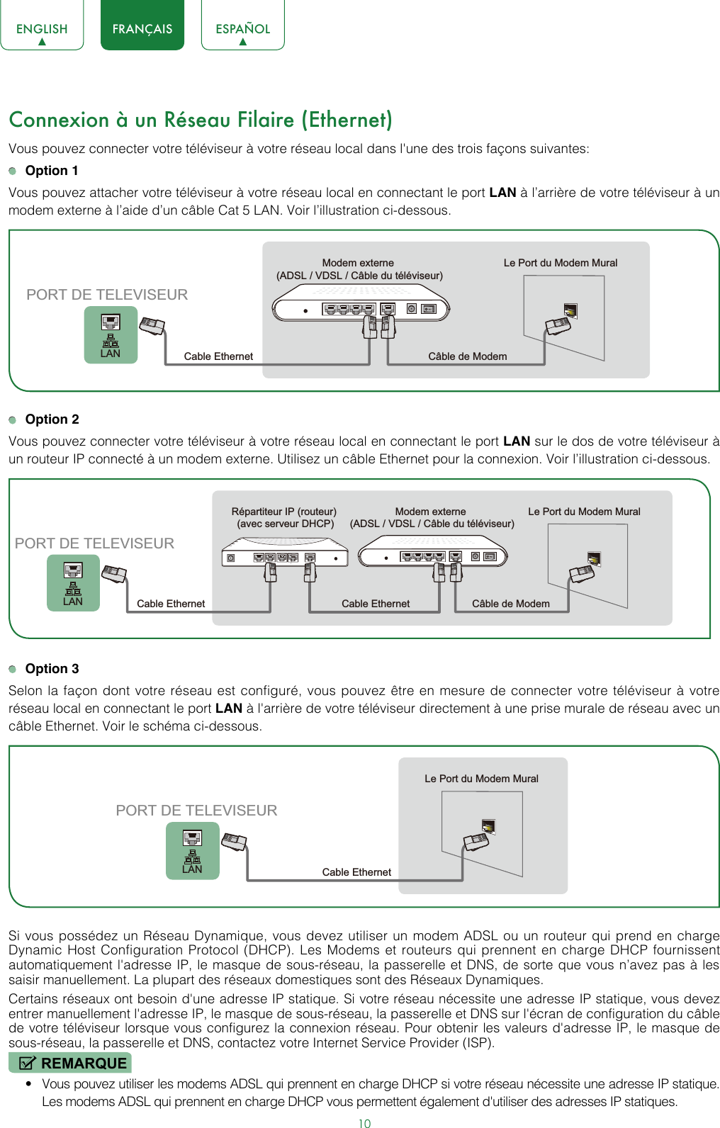 10ENGLISH FRANÇAIS ESPAÑOLConnexion à un Réseau Filaire (Ethernet)Vous pouvez connecter votre téléviseur à votre réseau local dans l&apos;une des trois façons suivantes: Option 1Vous pouvez attacher votre téléviseur à votre réseau local en connectant le port LAN à l’arrière de votre téléviseur à un modem externe à l’aide d’un câble Cat 5 LAN. Voir l’illustration ci-dessous.  Option 2Vous pouvez connecter votre téléviseur à votre réseau local en connectant le port LAN sur le dos de votre téléviseur à un routeur IP connecté à un modem externe. Utilisez un câble Ethernet pour la connexion. Voir l’illustration ci-dessous. Option 3Selon la façon dont votre réseau est configuré, vous pouvez être en mesure de connecter votre téléviseur à votre réseau local en connectant le port LAN à l&apos;arrière de votre téléviseur directement à une prise murale de réseau avec un câble Ethernet. Voir le schéma ci-dessous. Si vous possédez un Réseau Dynamique, vous devez utiliser un modem ADSL ou un routeur qui prend en charge Dynamic Host Configuration Protocol (DHCP). Les Modems et routeurs qui prennent en charge DHCP fournissent automatiquement l&apos;adresse IP, le masque de sous-réseau, la passerelle et DNS, de sorte que vous n’avez pas à les saisir manuellement. La plupart des réseaux domestiques sont des Réseaux Dynamiques.Certains réseaux ont besoin d&apos;une adresse IP statique. Si votre réseau nécessite une adresse IP statique, vous devez entrer manuellement l&apos;adresse IP, le masque de sous-réseau, la passerelle et DNS sur l&apos;écran de configuration du câble de votre téléviseur lorsque vous configurez la connexion réseau. Pour obtenir les valeurs d&apos;adresse IP, le masque de sous-réseau, la passerelle et DNS, contactez votre Internet Service Provider (ISP).REMARQUE• Vous pouvez utiliser les modems ADSL qui prennent en charge DHCP si votre réseau nécessite une adresse IP statique. Les modems ADSL qui prennent en charge DHCP vous permettent également d&apos;utiliser des adresses IP statiques.Modem externe (ADSL / VDSL / Câble du téléviseur)Le Port du Modem MuralCable Ethernet Câble de ModemLANPORT DE TELEVISEURModem externe (ADSL / VDSL / Câble du téléviseur) Modem externe (ADSL / VDSL / Câble du téléviseur)Le Port du Modem MuralCâble de ModemRépartiteur IP (routeur) (avec serveur DHCP)Cable EthernetCable EthernetLANPORT DE TELEVISEURLe Port du Modem MuralCable EthernetLANPORT DE TELEVISEUR