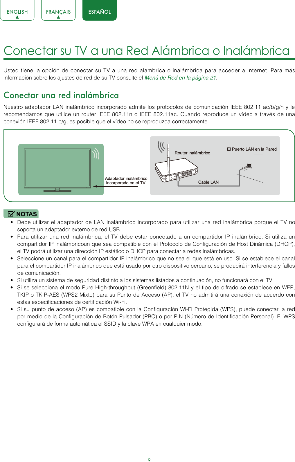 9ENGLISH FRANÇAIS ESPAÑOL9Conectar su TV a una Red Alámbrica o Inalámbrica Usted tiene la opción de conectar su TV a una red alambrica o inalámbrica para acceder a Internet. Para más información sobre los ajustes de red de su TV consulte el Menú de Red en la página 21.Conectar una red inalámbricaNuestro adaptador LAN inalámbrico incorporado admite los protocolos de comunicación IEEE 802.11 ac/b/g/n y le recomendamos que utilice un router IEEE 802.11n o IEEE 802.11ac. Cuando reproduce un vídeo a través de una conexión IEEE 802.11 b/g, es posible que el vídeo no se reproduzca correctamente.NOTAS• Debe utilizar el adaptador de LAN inalámbrico incorporado para utilizar una red inalámbrica porque el TV no soporta un adaptador externo de red USB.• Para utilizar una red inalámbrica, el TV debe estar conectado a un compartidor IP inalámbrico. Si utiliza un compartidor IP inalámbricoun que sea compatible con el Protocolo de Configuración de Host Dinámica (DHCP), el TV podrá utilizar una dirección IP estático o DHCP para conectar a redes inalámbricas. • Seleccione un canal para el compartidor IP inalámbrico que no sea el que está en uso. Si se establece el canal para el compartidor IP inalámbrico que está usado por otro dispositivo cercano, se producirá interferencia y fallos de comunicación.• Si utiliza un sistema de seguridad distinto a los sistemas listados a continuación, no funcionará con el TV.  • Si se selecciona el modo Pure High-throughput (Greenfield) 802.11N y el tipo de cifrado se establece en WEP, TKIP o TKIP-AES (WPS2 Mixto) para su Punto de Acceso (AP), el TV no admitirá una conexión de acuerdo con estas especificaciones de certificación Wi-Fi.• Si su punto de acceso (AP) es compatible con la Configuración Wi-Fi Protegida (WPS), puede conectar la red por medio de la Configuración de Botón Pulsador (PBC) o por PIN (Número de Identificación Personal). El WPS configurará de forma automática el SSID y la clave WPA en cualquier modo.Adaptador inalámbrico incorporado en el TV  Cable LANRouter inalámbrico  El Puerto LAN en la Pared