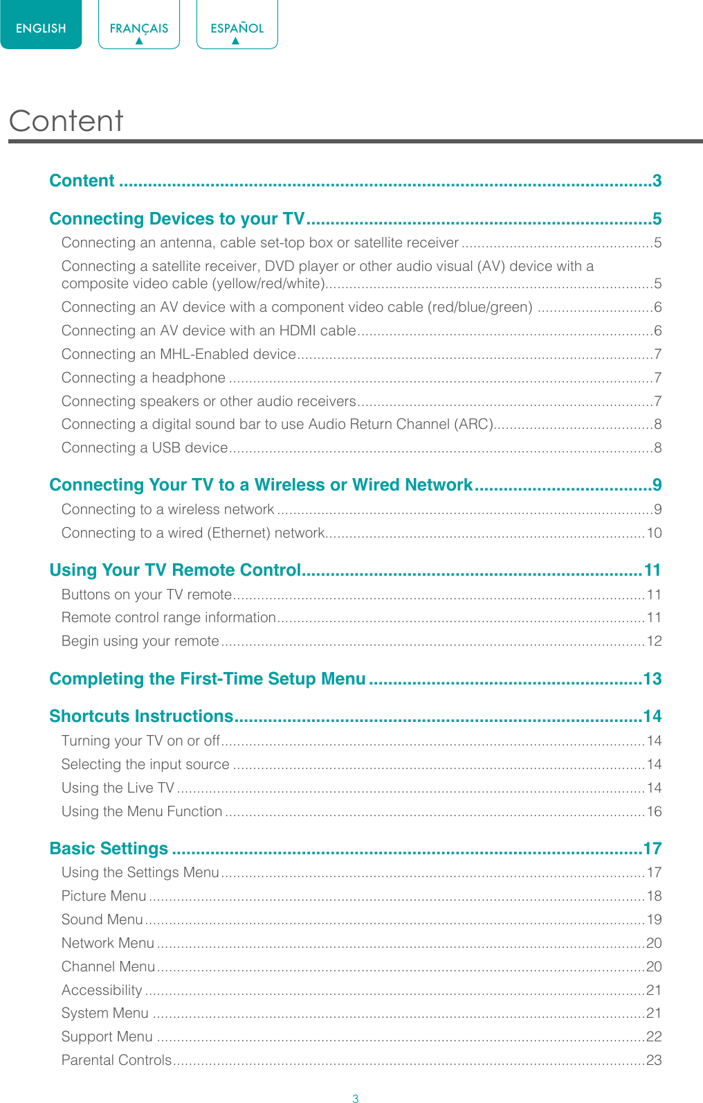 3ENGLISH FRANÇAIS ESPAÑOLContent Content ...............................................................................................................3Connecting Devices to your TV ........................................................................5Connecting an antenna, cable set-top box or satellite receiver ................................................5Connecting a satellite receiver, DVD player or other audio visual (AV) device with a composite video cable (yellow/red/white)..................................................................................5Connecting an AV device with a component video cable (red/blue/green)  ............................. 6Connecting an AV device with an HDMI cable .......................................................................... 6Connecting an MHL-Enabled device ......................................................................................... 7Connecting a headphone ..........................................................................................................7Connecting speakers or other audio receivers .......................................................................... 7Connecting a digital sound bar to use Audio Return Channel (ARC)........................................8Connecting a USB device .......................................................................................................... 8Connecting Your TV to a Wireless or Wired Network .....................................9Connecting to a wireless network ..............................................................................................9Connecting to a wired (Ethernet) network................................................................................10Using Your TV Remote Control .......................................................................11Buttons on your TV remote ....................................................................................................... 11Remote control range information ............................................................................................ 11Begin using your remote ..........................................................................................................12Completing the First-Time Setup Menu .........................................................13Shortcuts Instructions .....................................................................................14Turning your TV on or off .......................................................................................................... 14Selecting the input source .......................................................................................................14Using the Live TV .....................................................................................................................14Using the Menu Function .........................................................................................................16Basic Settings ..................................................................................................17Using the Settings Menu ..........................................................................................................17Picture Menu ............................................................................................................................18Sound Menu .............................................................................................................................19Network Menu ..........................................................................................................................20Channel Menu ..........................................................................................................................20Accessibility .............................................................................................................................21System Menu ...........................................................................................................................21Support Menu ..........................................................................................................................22Parental Controls ...................................................................................................................... 23