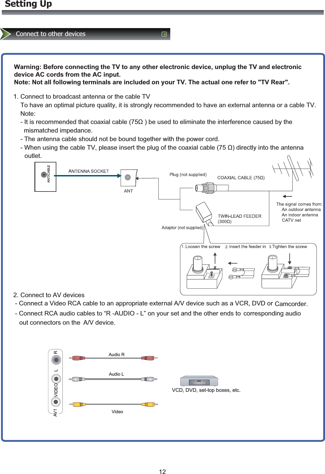 Setting UpWarning: Before connecting the TV to any other electronic device, unplug the TV and electronicdevice AC cords from the AC input.Note: Not all following terminals are included on your TV. The actual one refer to &quot;TV Rear&quot;.1. Connect to broadcast antenna or the cable TV     To have an optimal picture quality, it is strongly recommended to have an external antenna or a cable TV.     Note:     - It is recommended that coaxial cable (75Ω ) be used to eliminate the interference caused by the           mismatched impedance.     - The antenna cable should not be bound together with the power cord.     - When using the cable TV, please insert the plug of the coaxial cable (75 Ω) directly into the antenna       outlet.               2. Connect to AV devices  - Connect a Video RCA cable to an appropriate external A/V device such as a VCR, DVD or    Camcorder.  - Connect RCA audio cables to “R -AUDIO - L”  on your set and the other ends to    corresponding audio    out connectors on the  A/V device. Audio RAudio LVCD, DVD, set-top boxes, etc.VideoConnect to other devicesELBAC/TNAAOEDIV LR1VA