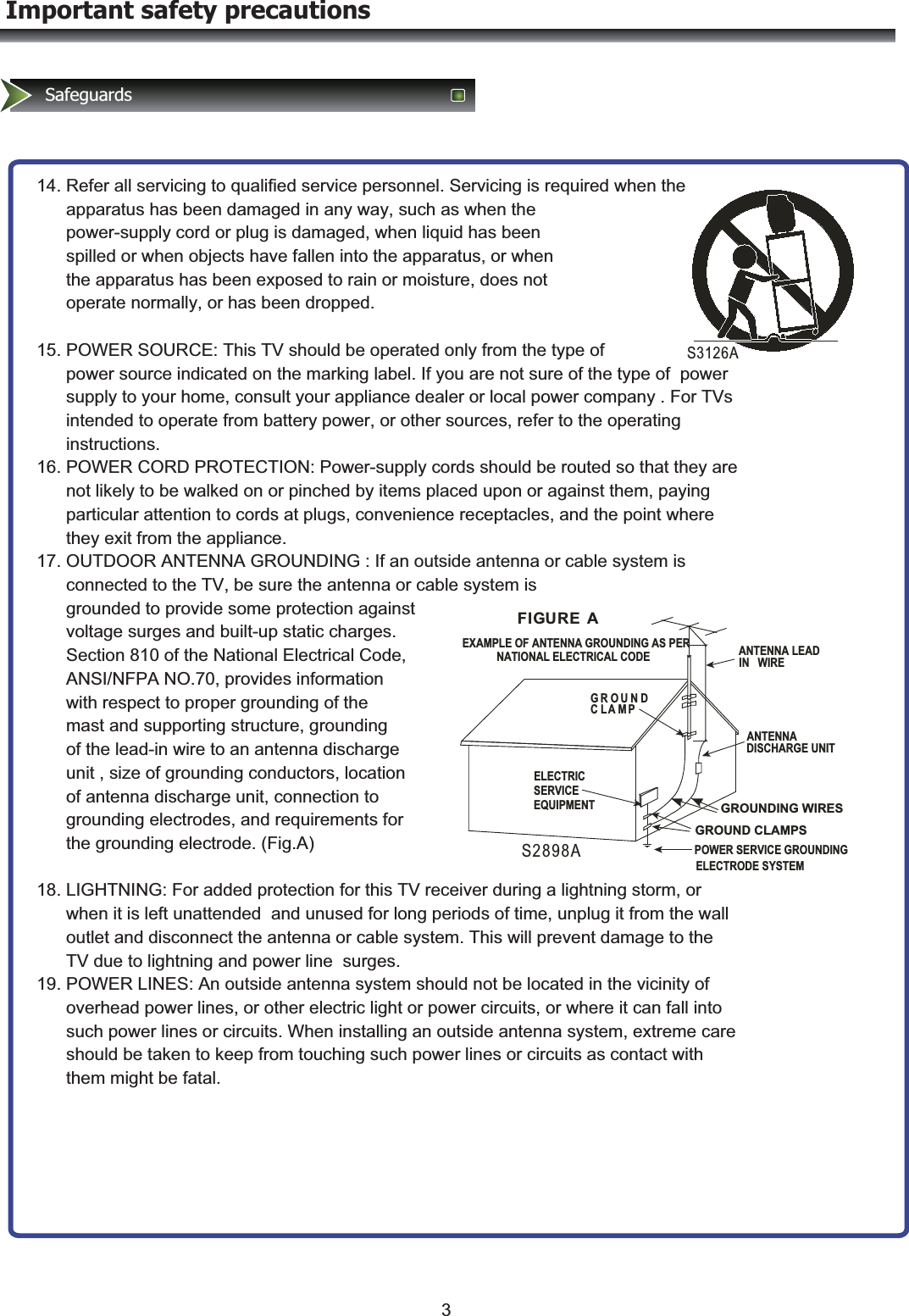 S3126AANTENNA LEAD IN   WIREANTENNADISCHARGE UNITGROUND CLAMPSPOWER SERVICE GROUNDINGELECTRODE SYSTEMELECTRICSERVICEEQUIPMENTGROUNDCLAMPEXAMPLE OF ANTENNA GROUNDING AS PER          NATIONAL ELECTRICAL CODEFIGURE  AS2898AGROUNDING WIRESImportant safety precautionsSafeguards14. Refer all servicing to qualified service personnel. Servicing is required when the        apparatus has been damaged in any way, such as when the        power-supply cord or plug is damaged, when liquid has been       spilled or when objects have fallen into the apparatus, or when       the apparatus has been exposed to rain or moisture, does not        operate normally, or has been dropped.  15. POWER SOURCE: This TV should be operated only from the type of        power source indicated on the marking label. If you are not sure of the type of  power        supply to your home, consult your appliance dealer or local power company . For TVs        intended to operate from battery power, or other sources, refer to the operating        instructions. 16. POWER CORD PROTECTION: Power-supply cords should be routed so that they are        not likely to be walked on or pinched by items placed upon or against them, paying        particular attention to cords at plugs, convenience receptacles, and the point where        they exit from the appliance. 17. OUTDOOR ANTENNA GROUNDING : If an outside antenna or cable system is        connected to the TV, be sure the antenna or cable system is        grounded to provide some protection against         voltage surges and built-up static charges.        Section 810 of the National Electrical Code,        ANSI/NFPA NO.70, provides information        with respect to proper grounding of the        mast and supporting structure, grounding       of the lead-in wire to an antenna discharge       unit , size of grounding conductors, location       of antenna discharge unit, connection to        grounding electrodes, and requirements for       the grounding electrode. (Fig.A)  18. LIGHTNING: For added protection for this TV receiver during a lightning storm, or        when it is left unattended  and unused for long periods of time, unplug it from the wall        outlet and disconnect the antenna or cable system. This will prevent damage to the        TV due to lightning and power line  surges. 19. POWER LINES: An outside antenna system should not be located in the vicinity of        overhead power lines, or other electric light or power circuits, or where it can fall into        such power lines or circuits. When installing an outside antenna system, extreme care        should be taken to keep from touching such power lines or circuits as contact with        them might be fatal.