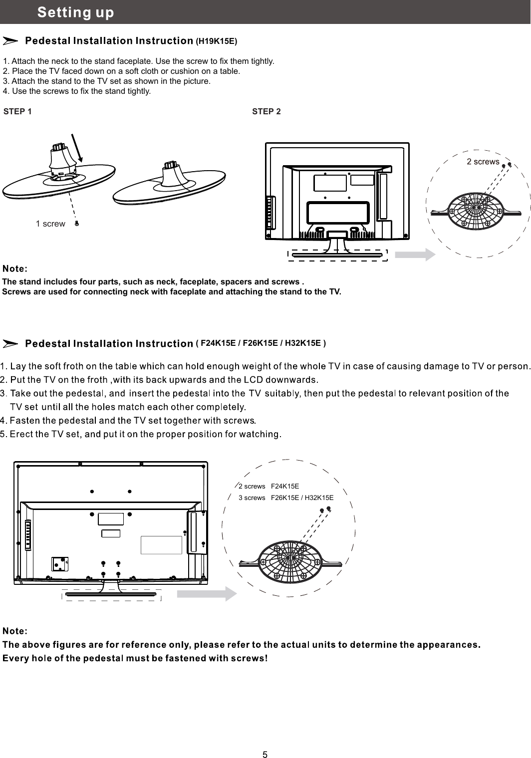 (H19K15E)( F24K15E / F26K15E / H32K15E )2 screws   F24K15E3 screws   F26K15E / H32K15EThe stand includes four parts, such as neck, faceplate, spacers and screws .Screws are used for connecting neck with faceplate and attaching the stand to the TV.1. Attach the neck to the stand faceplate. Use the screw to fix them tightly.2. Place the TV faced down on a soft cloth or cushion on a table. 3. Attach the stand to the TV set as shown in the picture. 4. Use the screws to fix the stand tightly.1 screwSTEP 1 STEP 2