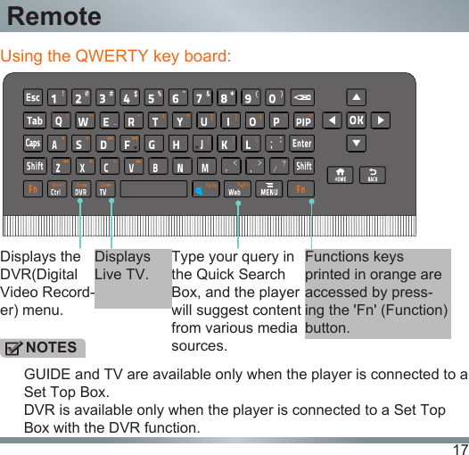 17Using the QWERTY key board:Type your query in the Quick Search Box, and the player will suggest content from various media sources.GUIDE and TV are available only when the player is connected to a Set Top Box.DVR is available only when the player is connected to a Set Top Box with the DVR function.Displays the DVR(Digital Video Record-er) menu.Displays Live TV.NOTESFunctions keys printed in orange are accessed by press-ing the &apos;Fn&apos; (Function) button.Remote