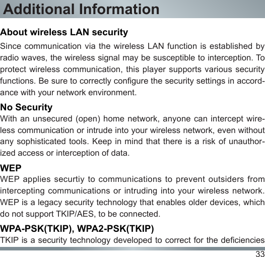 33Additional InformationAbout wireless LAN securitySince communication  via the  wireless LAN function is established by radio waves, the wireless signal may be susceptible to interception. To protect wireless  communication, this  player supports various  security functions. Be sure to correctly congure the security settings in accord-ance with your network environment. No SecurityWith an unsecured (open) home network,  anyone can  intercept wire-less communication or intrude into your wireless network, even without any sophisticated tools. Keep in mind that there is a risk of unauthor-ized access or interception of data.WEPWEP applies securtiy to communications to prevent outsiders from intercepting communications or intruding into your wireless network. WEP is a legacy security technology that enables older devices, which do not support TKIP/AES, to be connected.WPA-PSK(TKIP), WPA2-PSK(TKIP)TKIP is a security technology developed to correct for the deciencies 