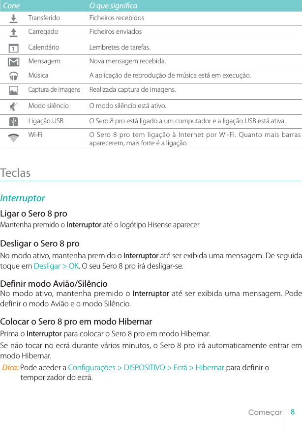 8ComeçarCone O que signica  Transferido Ficheiros recebidosCarregado Ficheiros enviadosCalendário Lembretes de tarefas.Mensagem Nova mensagem recebida.Música A aplicação de reprodução de música está em execução.Captura de imagensRealizada captura de imagens.Modo silêncio O modo silêncio está ativo.Ligação USB O Sero 8 pro está ligado a um computador e a ligação USB está ativa.Wi-Fi O Sero 8 pro tem ligação à Internet por Wi-Fi. Quanto mais barras aparecerem, mais forte é a ligação.TeclasInterruptorLigar o Sero 8 pro Mantenha premido o Interruptor até o logótipo Hisense aparecer.Desligar o Sero 8 proNo modo ativo, mantenha premido o Interruptor até ser exibida uma mensagem. De seguida toque em Desligar &gt; OK. O seu Sero 8 pro irá desligar-se.Definir modo Avião/SilêncioNo modo ativo, mantenha premido o Interruptor até ser exibida uma mensagem. Pode definir o modo Avião e o modo Silêncio.Colocar o Sero 8 pro em modo HibernarPrima o Interruptor para colocar o Sero 8 pro em modo Hibernar.Se não tocar no ecrã durante vários minutos, o Sero 8 pro irá automaticamente entrar em modo Hibernar.Dica: Pode aceder a Configurações &gt; DISPOSITIVO &gt; Ecrã &gt; Hibernar para definir o temporizador do ecrã.