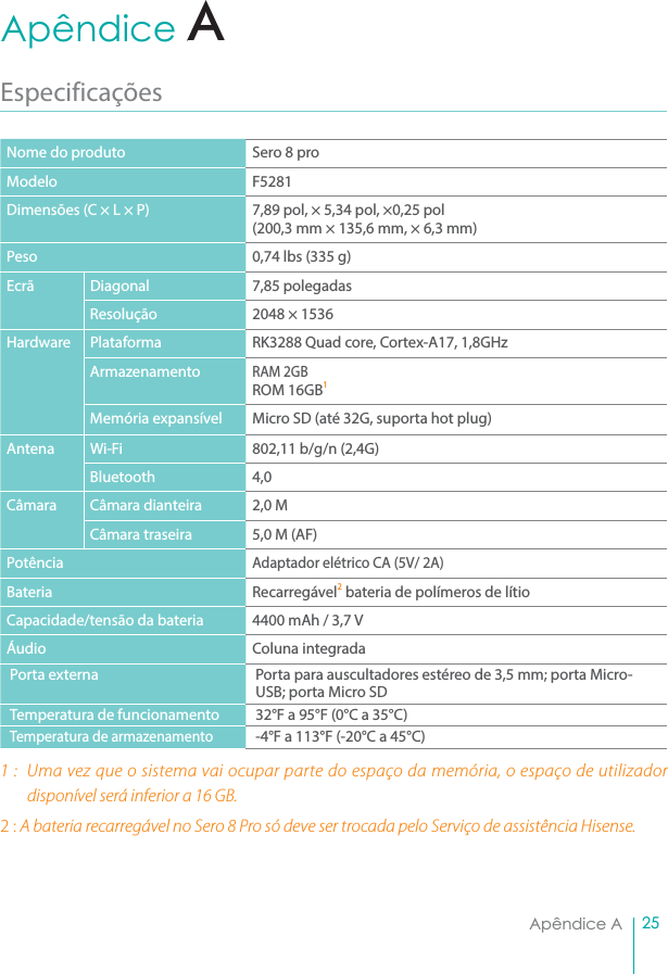 25Apêndice AApêndice AEspecificaçõesNome do produto Sero 8 proModelo F5281Dimensões (C × L × P)  7,89 pol, × 5,34 pol, ×0,25 pol(200,3 mm × 135,6 mm, × 6,3 mm)Peso 0,74 lbs (335 g) Ecrã Diagonal 7,85 polegadasResolução 2048 × 1536Hardware Plataforma  RK3288 Quad core, Cortex-A17, 1,8GHzArmazenamento RAM 2GB ROM 16GB1Memória expansível Micro SD (até 32G, suporta hot plug)Antena Wi-Fi  802,11 b/g/n (2,4G)Bluetooth 4,0Câmara Câmara dianteira 2,0 MCâmara traseira 5,0 M (AF)PotênciaAdaptador elétrico CA (5V/ 2A) Bateria Recarregável2 bateria de polímeros de lítio Capacidade/tensão da bateria  4400 mAh / 3,7 VÁudio Coluna integradaPorta externa  Porta para auscultadores estéreo de 3,5 mm; porta Micro-USB; porta Micro SD  Temperatura de funcionamento  32°F a 95°F (0°C a 35°C) Temperatura de armazenamento -4°F a 113°F (-20°C a 45°C) 1 : Uma vez que o sistema vai ocupar parte do espaço da memória, o espaço de utilizador disponível será inferior a 16 GB.2 : A bateria recarregável no4FSP1SPsó deve ser trocada pelo Serviço de assistência Hisense.A