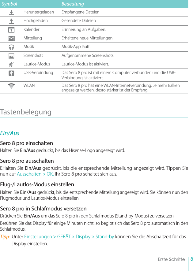 8Erste SchritteSymbol Bedeutung Heruntergeladen Empfangene DateienHochgeladen Gesendete DateienKalender Erinnerung an Aufgaben.Mitteilung Erhaltene neue Mitteilungen.Musik Musik-App läuft.ScreenshotsAufgenommene Screenshots.Lautlos-Modus Lautlos-Modus ist aktiviert.USB-Verbindung Das Sero 8 pro ist mit einem Computer verbunden und die USB-Verbindung ist aktiviert.WLAN Das Sero 8 pro hat eine WLAN-Internetverbindung. Je mehr Balken angezeigt werden, desto stärker ist der Empfang.Tastenbelegung Ein/AusSero 8 pro einschaltenHalten Sie Ein/Aus gedrückt, bis das Hisense-Logo angezeigt wird.Sero 8 pro ausschaltenEHalten Sie Ein/Aus gedrückt, bis die entsprechende Mitteilung angezeigt wird. Tippen Sie nun auf Ausschalten &gt; OK. Ihr Sero 8 pro schaltet sich aus.Flug-/Lautlos-Modus einstellenHalten Sie Ein/Aus gedrückt, bis die entsprechende Mitteilung angezeigt wird. Sie können nun den Flugmodus und Lautlos-Modus einstellen. Sero 8 pro in Schlafmodus versetzenDrücken Sie Ein/Aus um das Sero 8 pro in den Schlafmodus (Stand-by-Modus) zu versetzen.Berühren Sie das Display für einige Minuten nicht, so begibt sich das Sero 8 pro automatisch in den Schlafmodus. Tipp:Unter Einstellungen &gt; GERÄT &gt; Display &gt; Stand-by können Sie die Abschaltzeit für das Display einstellen.