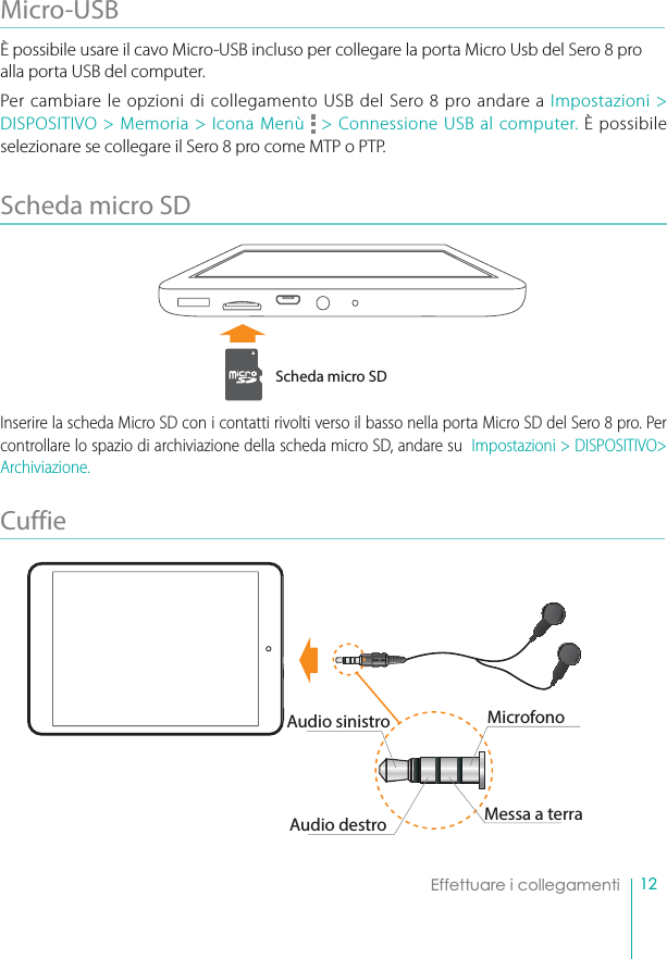 12Effettuare i collegamentiMicro-USBÈ possibile usare il cavo Micro-USB incluso per collegare la porta Micro Usb del Sero 8 pro alla porta USB del computer.Per cambiare le opzioni di collegamento USB del Sero 8 pro andare a Impostazioni &gt; DISPOSITIVO &gt; Memoria &gt; Icona Menù   &gt; Connessione USB al computer. È possibile selezionare se collegare il Sero 8 pro come MTP o PTP.Scheda micro SDInserire la scheda Micro SD con i contatti rivolti verso il basso nella porta Micro SD del Sero 8 pro. Per controllare lo spazio di archiviazione della scheda micro SD, andare su  Impostazioni &gt; DISPOSITIVO&gt; Archiviazione.CuffieScheda micro SDMicrofonoAudio sinistroAudio destro Messa a terra