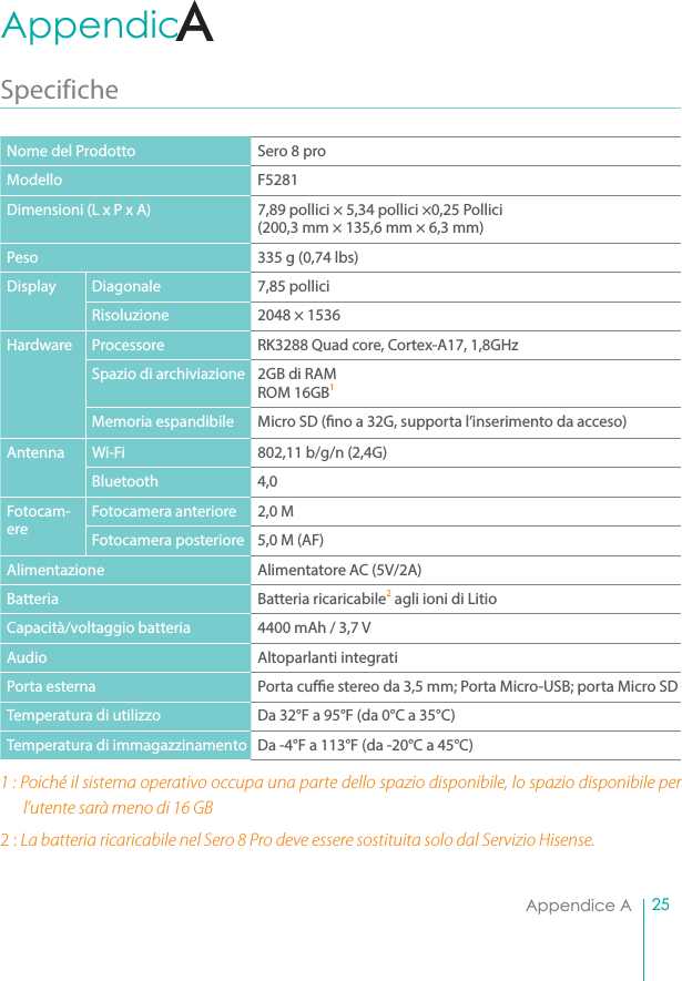 25Appendice AAppendice ASpecificheNome del Prodotto Sero 8 proModello F5281Dimensioni (L x P x A) 7,89 pollici × 5,34 pollici ×0,25 Pollici(200,3 mm × 135,6 mm × 6,3 mm)Peso 335 g (0,74 lbs) Display Diagonale 7,85 polliciRisoluzione 2048 × 1536Hardware Processore  RK3288 Quad core, Cortex-A17, 1,8GHzSpazio di archiviazione 2GB di RAMROM 16GB1Memoria espandibile Micro SD (no a 32G, supporta l’inserimento da acceso)Antenna Wi-Fi 802,11 b/g/n (2,4G)Bluetooth 4,0Fotocam-ereFotocamera anteriore 2,0 MFotocamera posteriore 5,0 M (AF)Alimentazione Alimentatore AC (5V/2A)Batteria Batteria ricaricabile2 agli ioni di LitioCapacità/voltaggio batteria 4400 mAh / 3,7 VAudio Altoparlanti integratiPorta esterna Porta cue stereo da 3,5 mm; Porta Micro-USB; porta Micro SDTemperatura di utilizzo Da 32°F a 95°F (da 0°C a 35°C)Temperatura di immagazzinamento Da -4°F a 113°F (da -20°C a 45°C)1PJDIÊJMTJTUFNBPQFSBUJWPPDDVQBVOBQBSUFEFMMPTQB[JPEJTQPOJCJMFMPTQB[JPEJTQPOJCJMFQFSl’utente sarà meno di 16 GB2 : La batteria ricaricabile nel Sero 8 Pro deve essere sostituita solo dal Servizio Hisense.A