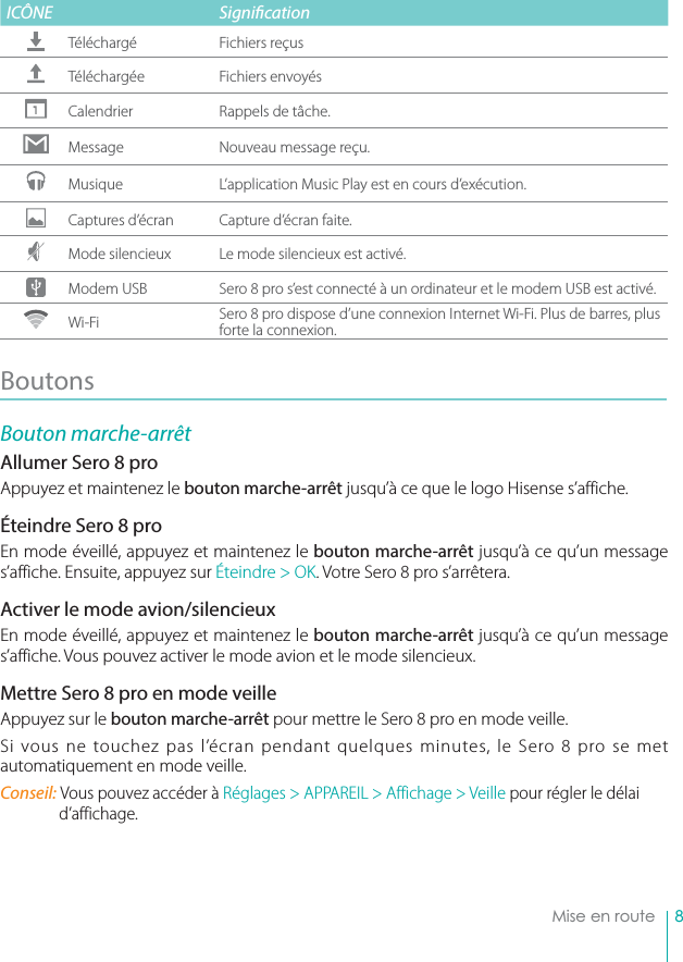 8Mise en routeICÔNE Signi cation Téléchargé Fichiers reçusTéléchargée Fichiers envoyésCalendrier Rappels de tâche.Message Nouveau message reçu.Musique L’application Music Play est en cours d’exécution.Captures d’écran Capture d’écran faite.Mode silencieux Le mode silencieux est activé.Modem USB Sero 8 pro s’est connecté à un ordinateur et le modem USB est activé.Wi-Fi Sero 8 pro dispose d’une connexion Internet Wi-Fi. Plus de barres, plus forte la connexion. Boutons Bouton marche-arrêt Allumer Sero 8 pro Appuyez et maintenez le bouton marche-arrêt jusqu’à ce que le logo Hisense s’affiche. Éteindre Sero 8 pro En mode éveillé, appuyez et maintenez le bouton marche-arrêt jusqu’à ce qu’un message s’affiche. Ensuite, appuyez sur Éteindre &gt; OK. Votre Sero 8 pro s’arrêtera.Activer le mode avion/silencieux En mode éveillé, appuyez et maintenez le bouton marche-arrêt jusqu’à ce qu’un message s’affiche. Vous pouvez activer le mode avion et le mode silencieux.Mettre Sero 8 pro en mode veille Appuyez sur le bouton marche-arrêt pour mettre le Sero 8 pro en mode veille.Si vous ne touchez pas l’écran pendant quelques minutes, le Sero 8 pro se met automatiquement en mode veille.Conseil: Vous pouvez accéder à Réglages &gt; APPAREIL &gt; Affichage &gt; Veille pour régler le délai d’affichage.