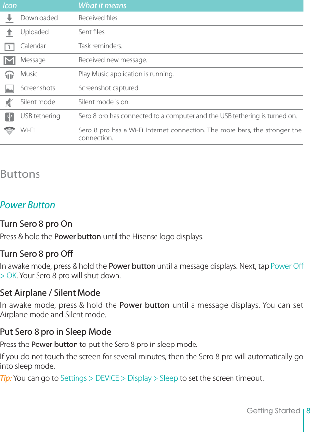 8Getting StartedIcon What it meansDownloaded Received lesUploaded Sent lesCalendar Task reminders.Message Received new message.Music Play Music application is running.Screenshots Screenshot captured.Silent mode Silent mode is on.USB tethering Sero 8 pro has connected to a computer and the USB tethering is turned on.Wi-Fi Sero 8 pro has a Wi-Fi Internet connection. The more bars, the stronger the connection. Buttons Power Button Turn Sero 8 pro On Press &amp; hold the Power button until the Hisense logo displays. Turn Sero 8 pro Off In awake mode, press &amp; hold the Power button until a message displays. Next, tap Power Off &gt; OK. Your Sero 8 pro will shut down.Set Airplane / Silent Mode In awake mode, press &amp; hold the Power button until a message displays. You can set Airplane mode and Silent mode.Put Sero 8 pro in Sleep Mode Press the Power button to put the Sero 8 pro in sleep mode. If you do not touch the screen for several minutes, then the Sero 8 pro will automatically go into sleep mode.Tip: You can go to Settings &gt; DEVICE &gt; Display &gt; Sleep to set the screen timeout.