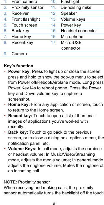 !8!!1.  Front camera 10.   Flashlight 2.  Proximity sensor 11.  De-noising mike 3.  Receiver 12.  Speaker 4.  Front flashlight 13.    Volume keys 5.   Touch screen 14.   Power key 6.  Back key 15.   Headset connector 7.   Home key 16.   Microphone 8.  Recent key 17.   Micro-USB connector 9.  Camera   Key’s function • Power key: Press to light up or close the screen, press and hold to show the pop-up menu to select from Power off/Reboot/Airplane mode. Long press Power Key14s to reboot phone. Press the Power key and Down volume key to capture a screenshot. • Home key: From any application or screen, touch to return to the Home screen. • Recent key: Touch to open a list of thumbnail images of applications you&apos;ve worked with recently. • Back key: Touch to go back to the previous screen, or to close a dialog box, options menu, the notification panel, etc. • Volume Keys: In call mode, adjusts the earpiece or headset volume; In Music/Video/Streaming mode, adjusts the media volume; In general mode, adjusts the ringtone volume; Mutes the ringtone of an incoming call.    NOTE: Proximity sensor When receiving and making calls, the proximity sensor automatically turns the backlight off the touch 