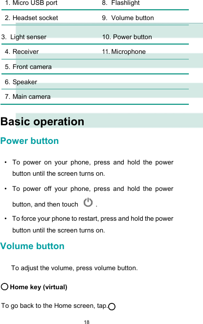  181. Micro USB port  8. Flashlight        2. Headset socket  9. Volume button      3. Light senser  10. Power button        4. Receiver 11. Microphone        5. Front camera          6. Speaker          7. Main camera           Basic operation  Power button  •  To  power  on  your  phone,  press  and  hold  the  power button until the screen turns on.  •  To  power  off  your  phone,  press  and  hold  the  power button, and then touch   .  •  To force your phone to restart, press and hold the power button until the screen turns on.  Volume button  To adjust the volume, press volume button.  Home key (virtual)  To go back to the Home screen, tap. 