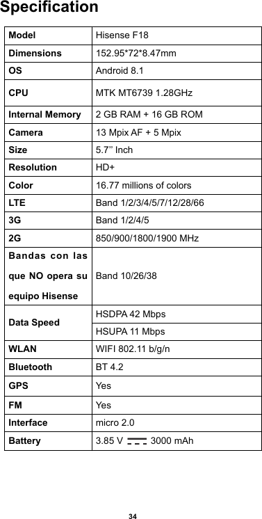 34SpecicationModel  Hisense F18Dimensions 152.95*72*8.47mm  OS Android 8.1CPU MTK MT6739 1.28GHz Internal Memory 2 GB RAM + 16 GB ROMCamera 13 Mpix AF + 5 MpixSize 5.7’’ InchResolution HD+Color 16.77 millions of colorsLTE Band 1/2/3/4/5/7/12/28/663G Band 1/2/4/52G 850/900/1800/1900 MHzBandas con las que NO opera su equipo Hisense Band 10/26/38Data Speed HSDPA 42 MbpsHSUPA 11 MbpsWLAN WIFI 802.11 b/g/nBluetooth BT 4.2GPS YesFM YesInterface micro 2.0 Battery 3.85 V   3000 mAh