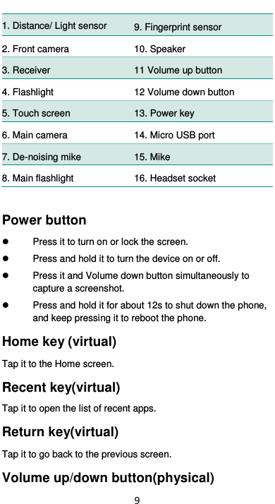  9 1. Distance/ Light sensor  9. Fingerprint sensor 2. Front camera      10. Speaker 3. Receiver  11 Volume up button 4. Flashlight 12 Volume down button 5. Touch screen 13. Power key 6. Main camera  14. Micro USB port 7. De-noising mike  15. Mike 8. Main flashlight  16. Headset socket  Power button     Press it to turn on or lock the screen.   Press and hold it to turn the device on or off.     Press it and Volume down button simultaneously to capture a screenshot.   Press and hold it for about 12s to shut down the phone, and keep pressing it to reboot the phone. Home key (virtual) Tap it to the Home screen.   Recent key(virtual) Tap it to open the list of recent apps. Return key(virtual) Tap it to go back to the previous screen. Volume up/down button(physical)   