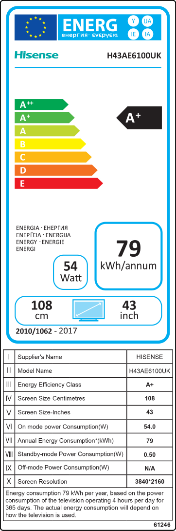 Page 1 of 1 - 61246(BQ-A182602-1)-H43AE6100UK(HE43A6100UWTS(1001))-英国-HISENSE-能效标签-无标注  H43AE6100UK-Energy-Label-Product-Fiche