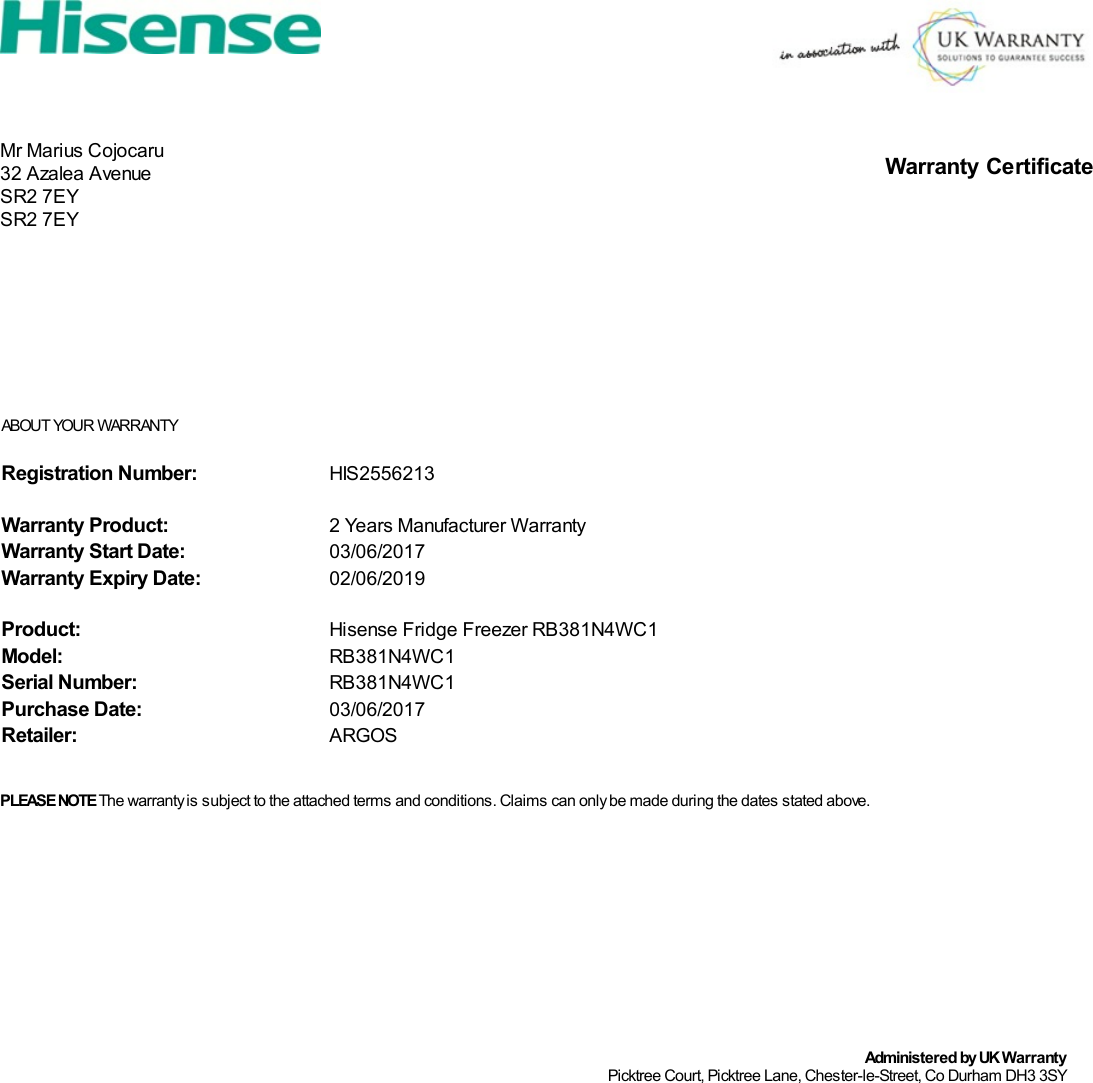 HISENSE WARRANTY CERTIFICATE