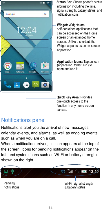  14        Notifications panel Notifications alert you the arrival of new messages, calendar events, and alarms, as well as ongoing events, such as when you are on a call. When a notification arrives, its icon appears at the top of the screen. Icons for pending notifications appear on the left, and system icons such as Wi-Fi or battery strength shown on the right.      Status Bar: Shows phone&apos;s status information including the time, signal strength, battery status, and notification icons. Widget: Widgets are self-contained applications that can be accessed on the Home screen or an extended home screen. Unlike a shortcut, the Widget appears as an on-screen application. Application Icons: Tap an icon (application, folder, etc.) to open and use it. Quick Key Area: Provides one-touch access to the function in any home screen canvas.    Pending notifications Wi-Fi  signal strength &amp; battery status 