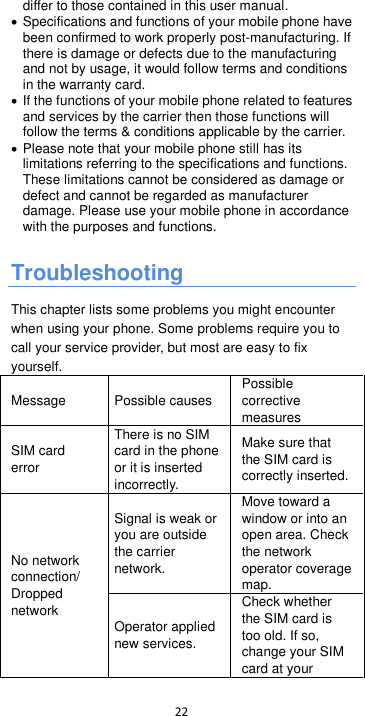  22  differ to those contained in this user manual.  Specifications and functions of your mobile phone have been confirmed to work properly post-manufacturing. If there is damage or defects due to the manufacturing and not by usage, it would follow terms and conditions in the warranty card.  If the functions of your mobile phone related to features and services by the carrier then those functions will follow the terms &amp; conditions applicable by the carrier.  Please note that your mobile phone still has its limitations referring to the specifications and functions. These limitations cannot be considered as damage or defect and cannot be regarded as manufacturer damage. Please use your mobile phone in accordance with the purposes and functions.  Troubleshooting This chapter lists some problems you might encounter when using your phone. Some problems require you to call your service provider, but most are easy to fix yourself. Message Possible causes Possible corrective measures SIM card error There is no SIM card in the phone or it is inserted incorrectly. Make sure that the SIM card is correctly inserted. No network connection/ Dropped network Signal is weak or you are outside the carrier network. Move toward a window or into an open area. Check the network operator coverage map. Operator applied new services. Check whether the SIM card is too old. If so, change your SIM card at your 