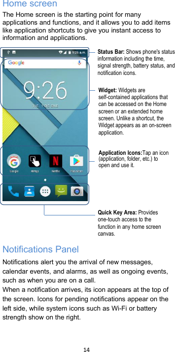 14Home screenThe Home screen is the starting point for manyapplications and functions, and it allows you to add itemslike application shortcuts to give you instant access toinformation and applications.Notifications PanelNotifications alert you the arrival of new messages,calendar events, and alarms, as well as ongoing events,such as when you are on a call.When a notification arrives, its icon appears at the top ofthe screen. Icons for pending notifications appear on theleft side, while system icons such as Wi-Fi or batterystrength show on the right.Status Bar: Shows phone&apos;s statusinformation including the time,signal strength, battery status, andnotification icons.Widget: Widgets areself-contained applications thatcan be accessed on the Homescreen or an extended homescreen. Unlike a shortcut, theWidget appears as an on-screenapplication.Application Icons:Tap an icon(application, folder, etc.) toopen and use it.Quick Key Area: Providesone-touch access to thefunction in any home screencanvas.