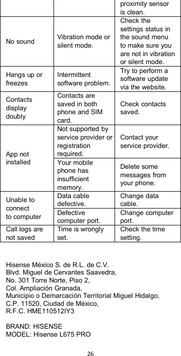 26proximity sensoris clean.No soundVibration mode orsilent mode.Check thesettings status inthe sound menuto make sure youare not in vibrationor silent mode.Hangs up orfreezesIntermittentsoftware problem.Try to perform asoftware updatevia the website.ContactsdisplaydoublyContacts aresaved in bothphone and SIMcard.Check contactssaved.App notinstalledNot supported byservice provider orregistrationrequired.Contact yourservice provider.Your mobilephone hasinsufficientmemory.Delete somemessages fromyour phone.Unable toconnectto computerData cabledefective.Change datacable.Defectivecomputer port.Change computerport.Call logs arenot savedTime is wronglyset.Check the timesetting.Hisense México S. de R.L. de C.V.Blvd. Miguel de Cervantes Saavedra,No. 301 Torre Norte, Piso 2,Col. Ampliación Granada,Municipio o Demarcación Territorial Miguel Hidalgo,C.P. 11520, Ciudad de México,R.F.C. HME110512IY3BRAND: HISENSEMODEL: Hisense L675 PRO