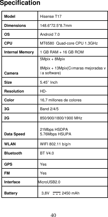  40Specification  Model Hisense T17   Dimensions 148.6*72.5*8.7mm    OS Android 7.0    CPU MT6580  Quad-core CPU 1.3GHz    Internal Memory 1 GB RAM + 16 GB ROM   Camera 5Mpix + 8Mpix  8Mpix + 13Mpix(Cámaras mejoradas vía software)    Size 5.45’’ Inch     Resolution HD-    Color 16,7 millones de colores    3G Band 2/4/5    2G 850/900/1800/1900 MHz   Data Speed 21Mbps HSDPA 5.76Mbps HSUPA    WLAN WIFI 802.11 b/g/n    Bluetooth BT V4.0     GPS Yes     FM Yes     Interface MicroUSB2.0     Battery  3,8V   2450 mAh        