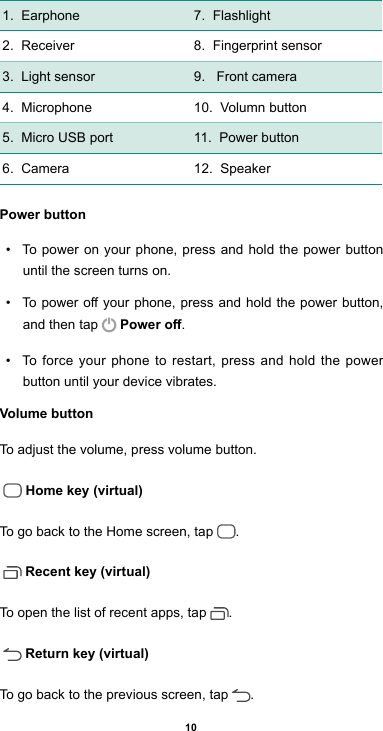 101.  Earphone 7.  Flashlight2.  Receiver 8.  Fingerprint sensor3.  Light sensor 9.   Front camera4.  Microphone 10.  Volumn button5.  Micro USB port 11.  Power button6.  Camera 12.  SpeakerPower button• To power on your phone, press and hold the power button until the screen turns on.• Topoweroyour phone, pressandholdthepowerbutton,and then tap   Power o. • To force your phone to restart, press and hold the power button until your device vibrates.Volume button To adjust the volume, press volume button.   Home key (virtual)To go back to the Home screen, tap  .   Recent key (virtual)To open the list of recent apps, tap  .    Return key (virtual)To go back to the previous screen, tap  .