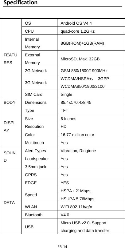  FR-14  Specification  FEATURES OS  Android OS V4.4 CPU  quad-core 1.2GHz Internal Memory  8GB(ROM)+1GB(RAM) External Memory  MicroSD, Max. 32GB 2G Network  GSM 850/1800/1900MHz 3G Network  WCDMA/HSPA+，  3GPP WCDMA850/1900/2100 SIM Card  Single BODY  Dimensions  85.4x170.4x8.45 DISPLAY Type  TFT Size  6 Inches Resoution  HD Color 16.77 million color Multitouch  Yes SOUND Alert Types  Vibration, Ringtone Loudspeaker Yes 3.5mm jack  Yes DATA GPRS  Yes EDGE  YES Speed HSPA+ 21Mbps;   HSUPA 5.76Mbps WLAN WiFi 802.11b/g/n Bluetooth  V4.0   USB  Micro USB v2.0, Support charging and data transfer 