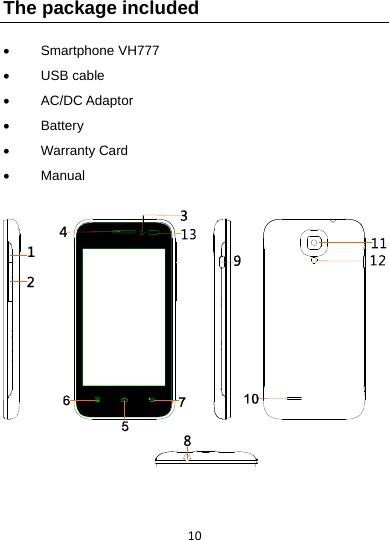 10The package included  Smartphone VH777  USB cable  AC/DC Adaptor  Battery  Warranty Card  Manual      