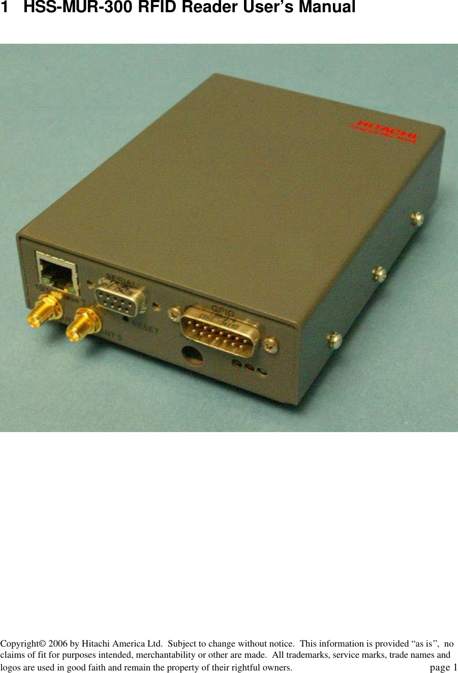 Hitachi America HSSMUR300 RFID Reader User Manual SR2500UserCOR