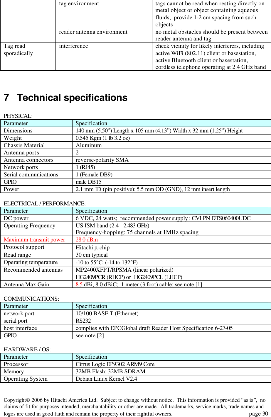 Copyright&copy; 2006 by Hitachi America Ltd.  Subject to change without notice.  This information is provided &ldquo;as is&rdquo;,  no claims of fit for purposes intended, merchantability or other are made.  All trademarks, service marks, trade names and logos are used in good faith and remain the property of their rightful owners.   page 30 tag environment tags cannot be read when resting directly on metal object or object containing aqueous fluids;  provide 1-2 cm spacing from such objects  reader antenna environment no metal obstacles should be present between reader antenna and tag Tag read sporadically interference check vicinity for likely interferers, including active WiFi (802.11) client or basestation, active Bluetooth client or basestation, cordless telephone operating at 2.4 GHz band   7 Technical specifications  PHYSICAL: Parameter Specification Dimensions 140 mm (5.50&rdquo;) Length x 105 mm (4.13&rdquo;) Width x 32 mm (1.25&rdquo;) Height Weight 0.545 Kgm (1 lb 3.2 oz) Chassis Material Aluminum Antenna ports 2 Antenna connectors reverse-polarity SMA Network ports 1 (RJ45) Serial communications 1 (Female DB9) GPIO male DB15 Power 2.1 mm ID (pin positive); 5.5 mm OD (GND), 12 mm insert length  ELECTRICAL / PERFORMANCE: Parameter Specification DC power 6 VDC, 24 watts;  recommended power supply : CVI PN DTS060400UDC Operating Frequency US ISM band (2.4 &ndash;2.483 GHz)  Frequency-hopping: 75 channels at 1MHz spacing Maximum transmit power 28.0 dBm Protocol support Hitachi &micro;-chip Read range 30 cm typical Operating temperature -10 to 55&deg;C  (-14 to 132&deg;F) Recommended antennas MP2400XFPT/RPSMA (linear polarized)   HG2409PCR (RHCP) or  HG2409PCL (LHCP) Antenna Max Gain 8.5 dBi, 8.0 dBiC;  1 meter (3 foot) cable; see note [1]  COMMUNICATIONS: Parameter Specification network port 10/100 BASE T (Ethernet) serial port RS232 host interface complies with EPCGlobal draft Reader Host Specification 6-27-05 GPIO see note [2]  HARDWARE / OS: Parameter Specification Processor Cirrus Logic EP9302 ARM9 Core Memory 32MB Flash; 32MB SDRAM Operating System Debian Linux Kernel V2.4  